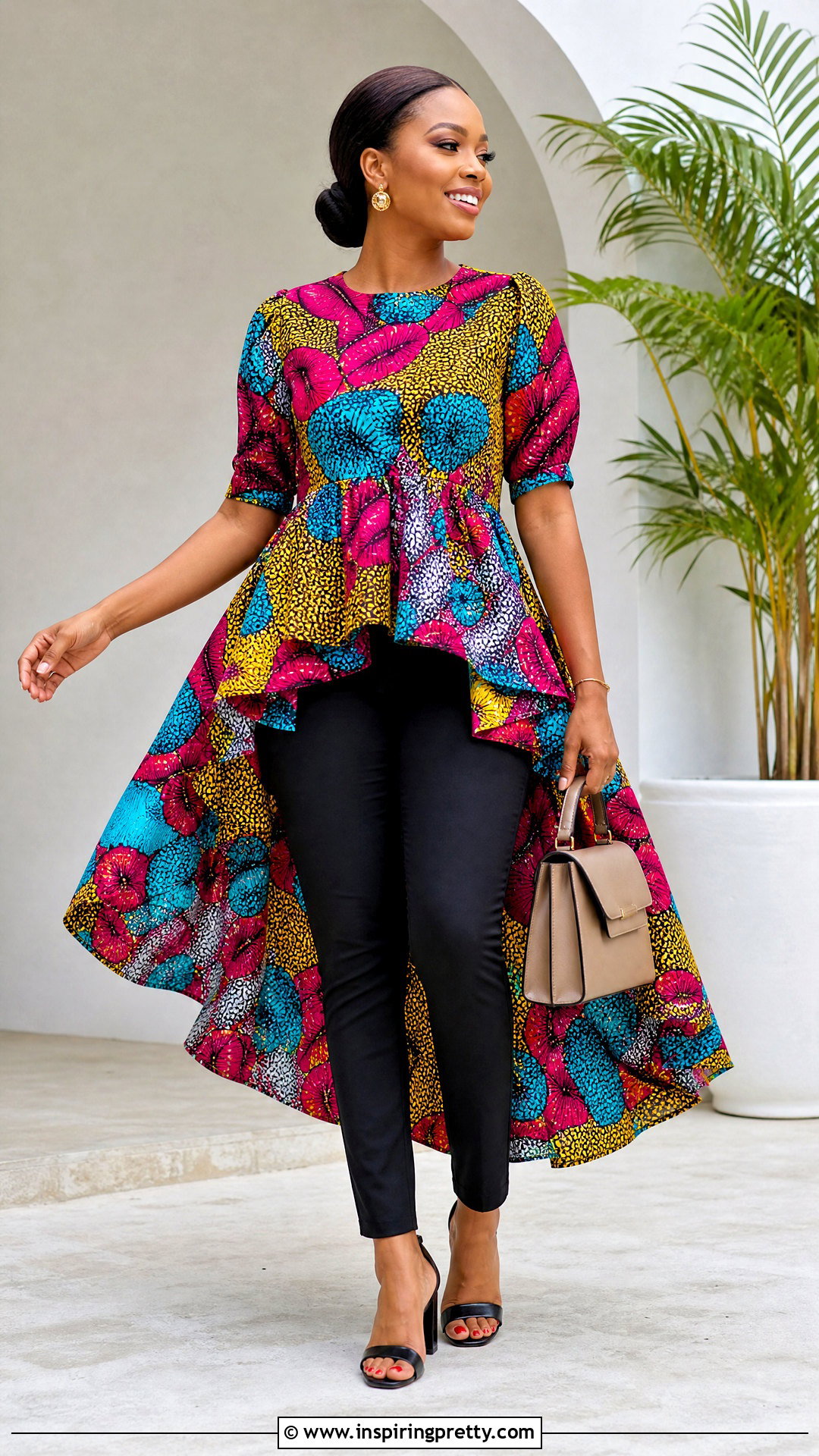 Ankara High Low Top With Slim Pants - 50 ankara tops outfit ideas
