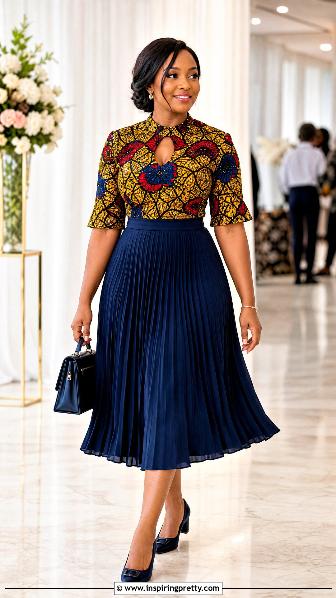 Ankara Keyhole Neck Top With Pleated Skirt - 50 Simple Ankara Top Styles