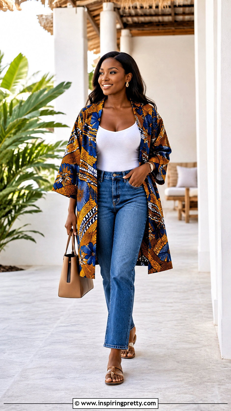 Ankara Kimono Top With Blue Jeans - 50 Simple Ankara Tops With Jeans