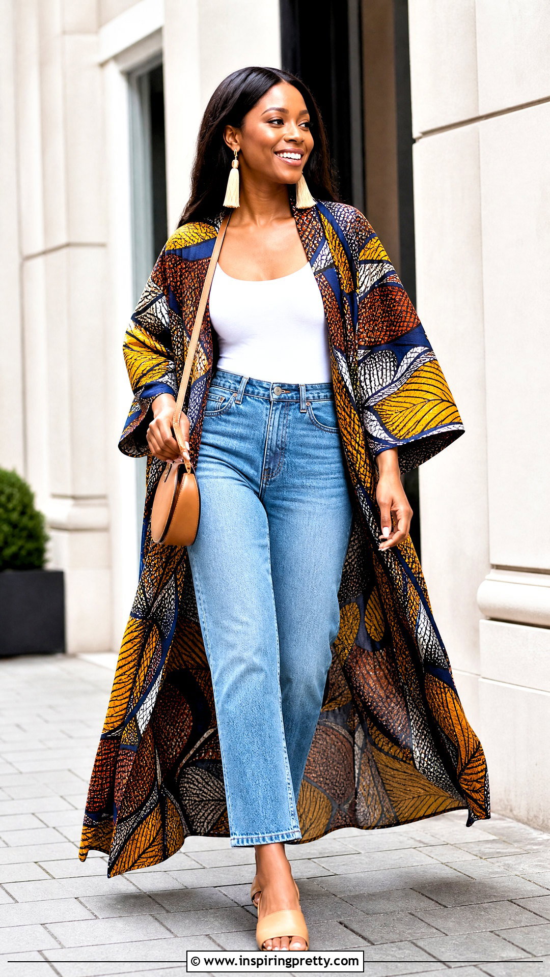 Ankara Kimono Top With Tank And Jeans - 50 ankara tops outfit ideas