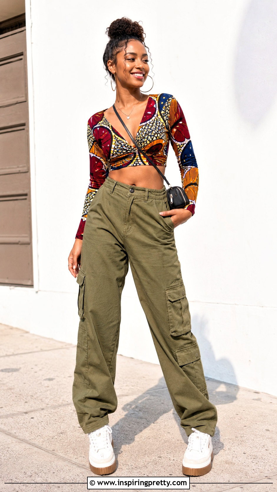 Ankara Long Sleeve Crop Top With Cargo Pants - 50 latest ankara top styles