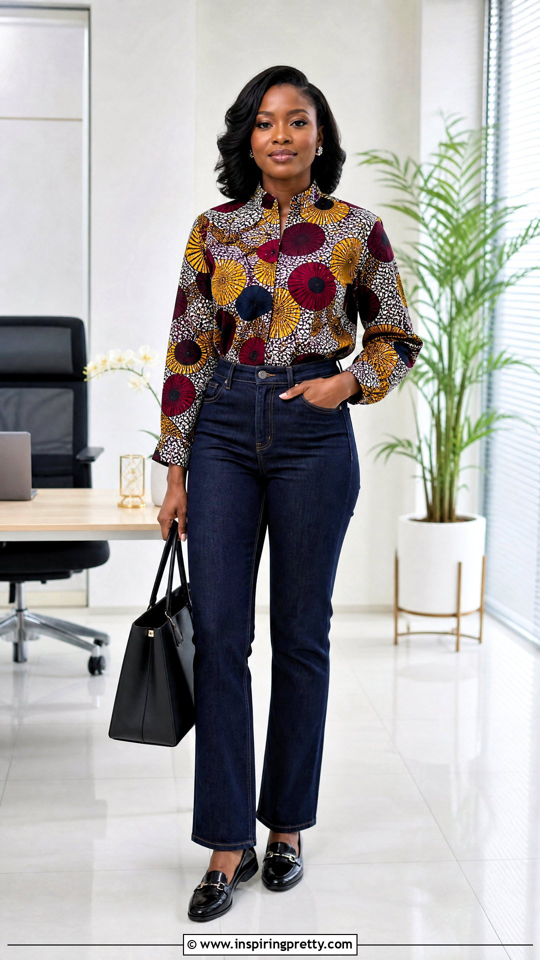 Ankara Mandarin Collar Top With Dark Jeans - 50 ankara top styles for jeans