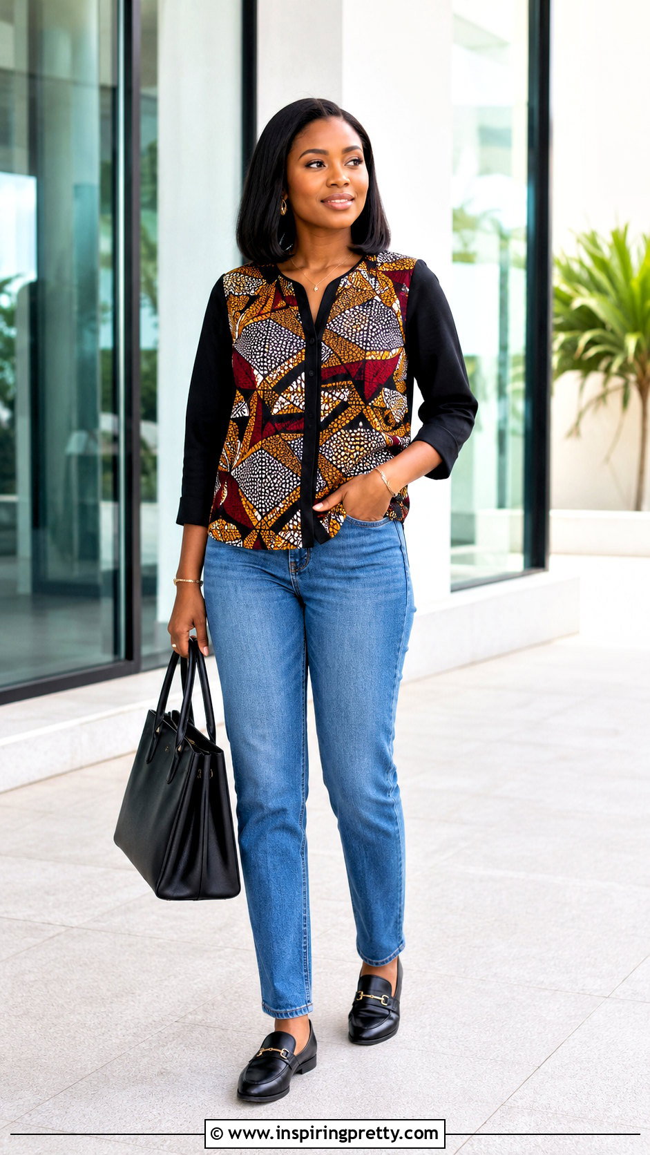 Ankara Mixed Fabric Top With Jeans - 50 latest ankara top styles