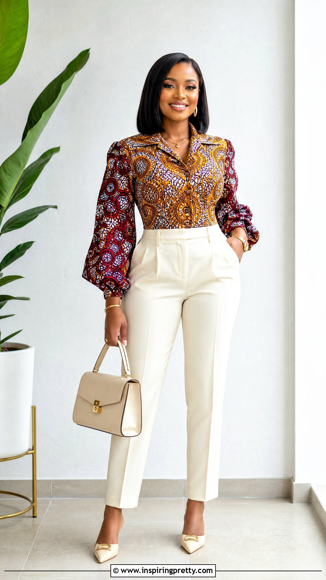 Ankara Mixed Print Top With Solid Trousers - 50 Simple Ankara Top Styles