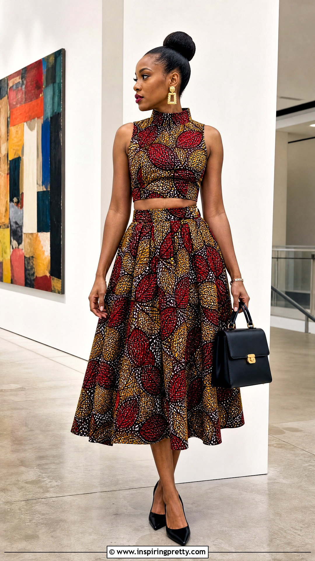Ankara Mock Neck Crop Top And High Waist Flared Skirt - 50 ankara crop top and skirt high waist outfits
