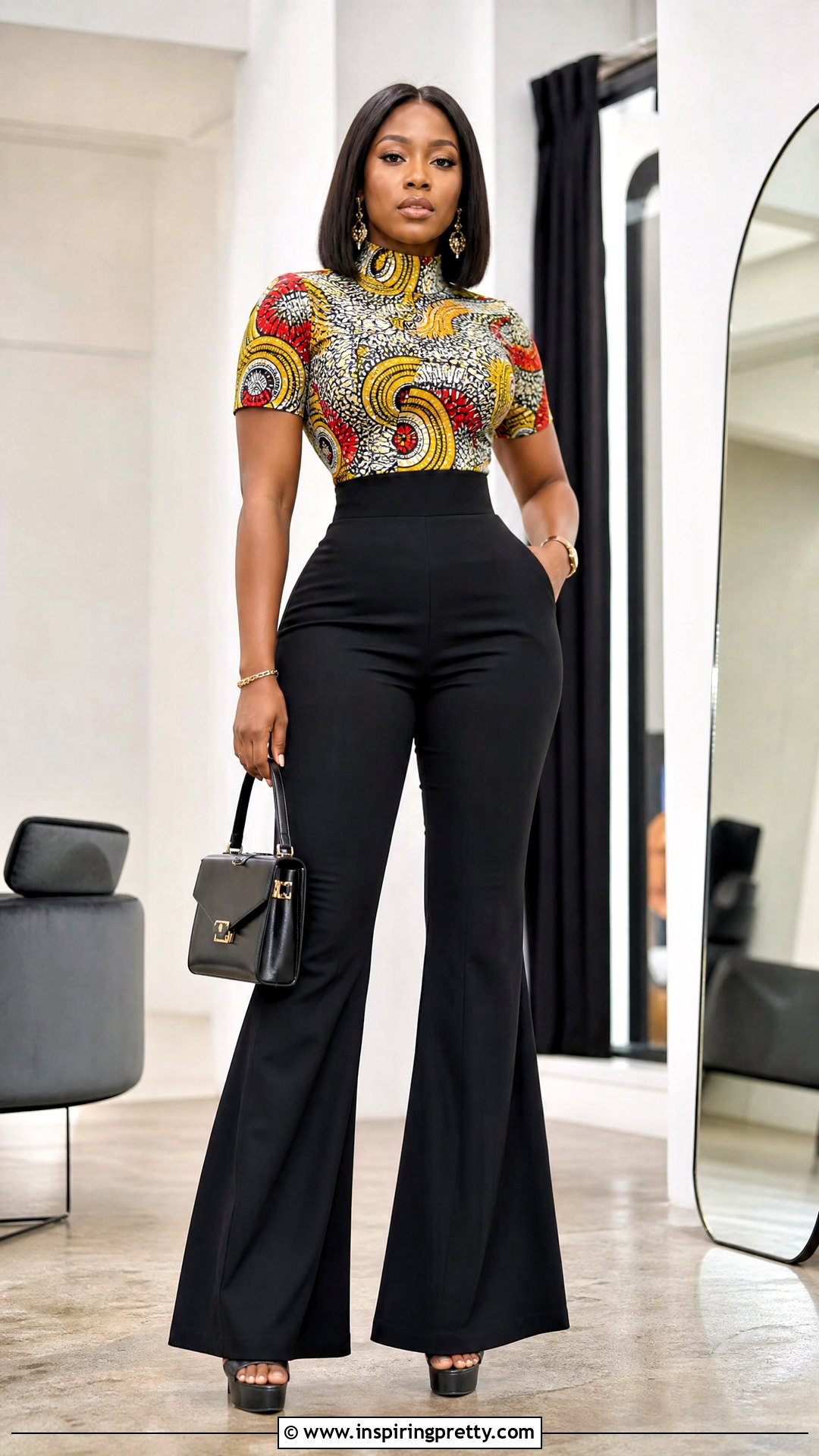 Ankara Mock Neck Top With Flared Pants - 50 Simple Ankara Top Styles