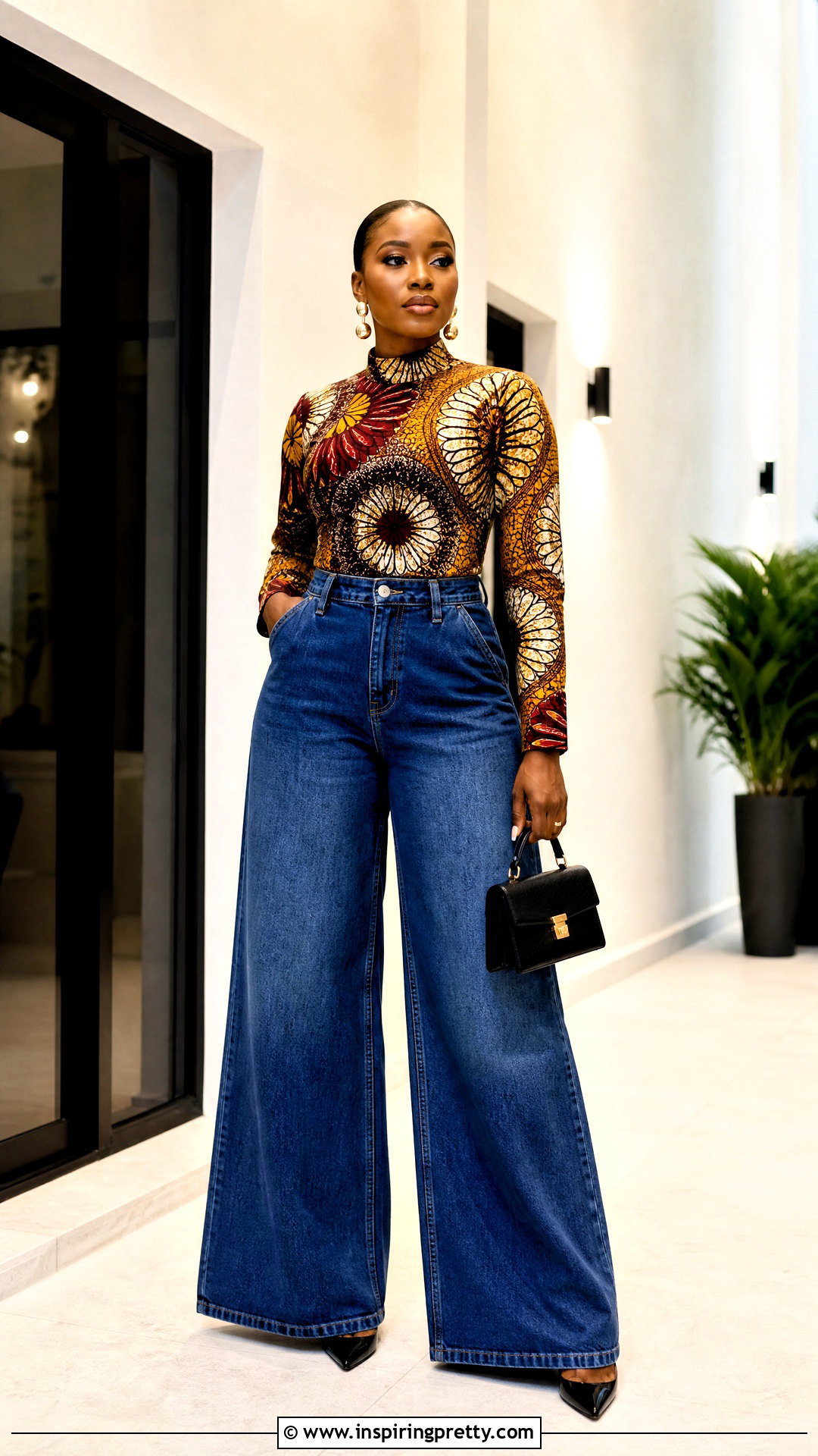 Ankara Mock Neck Top With Wide Leg Jeans - 50 ankara top styles for jeans
