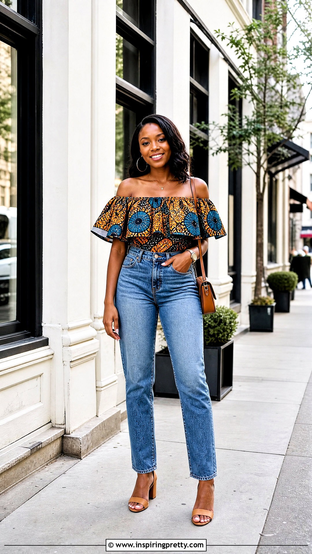 Ankara Off Shoulder Top With High Waisted Jeans - 50 Simple Ankara Top Styles
