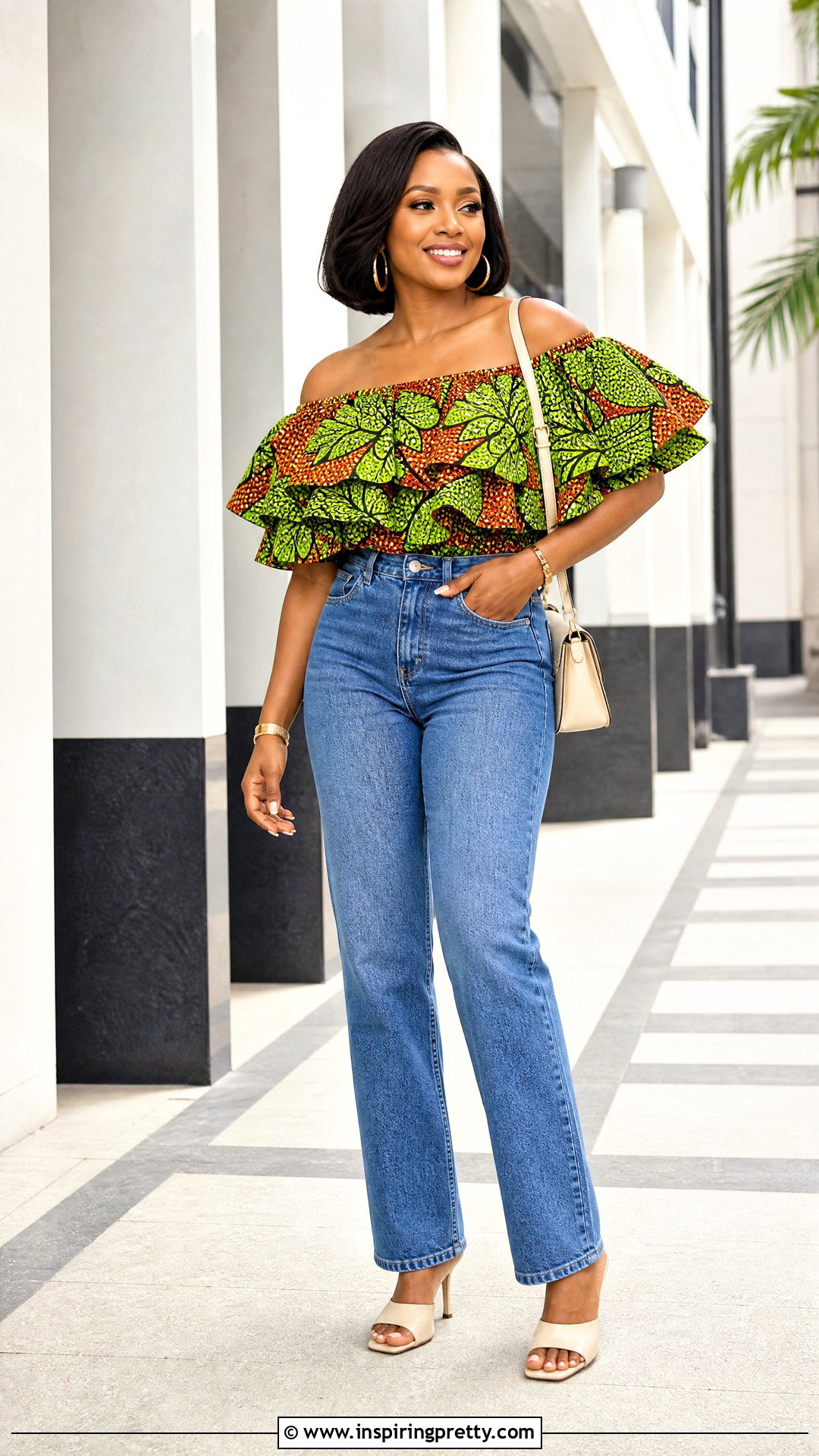 Ankara Off Shoulder Top With Straight Leg Jeans - 50 ankara top styles for jeans