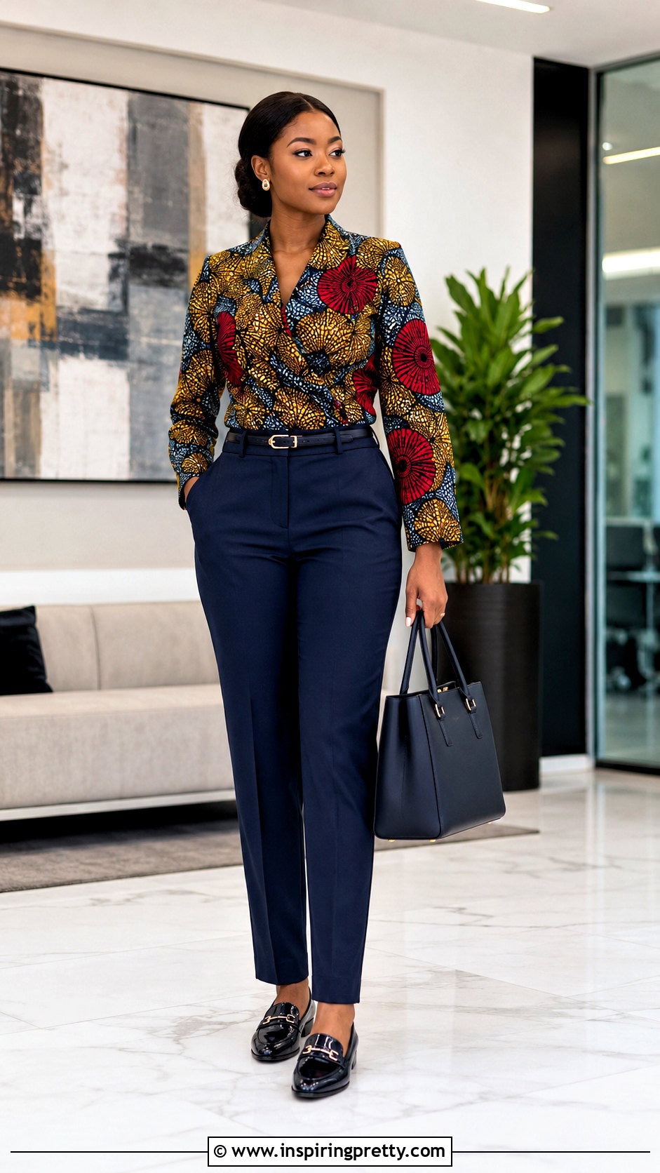 Ankara Office Top With Suit Trousers - 50 latest ankara top styles