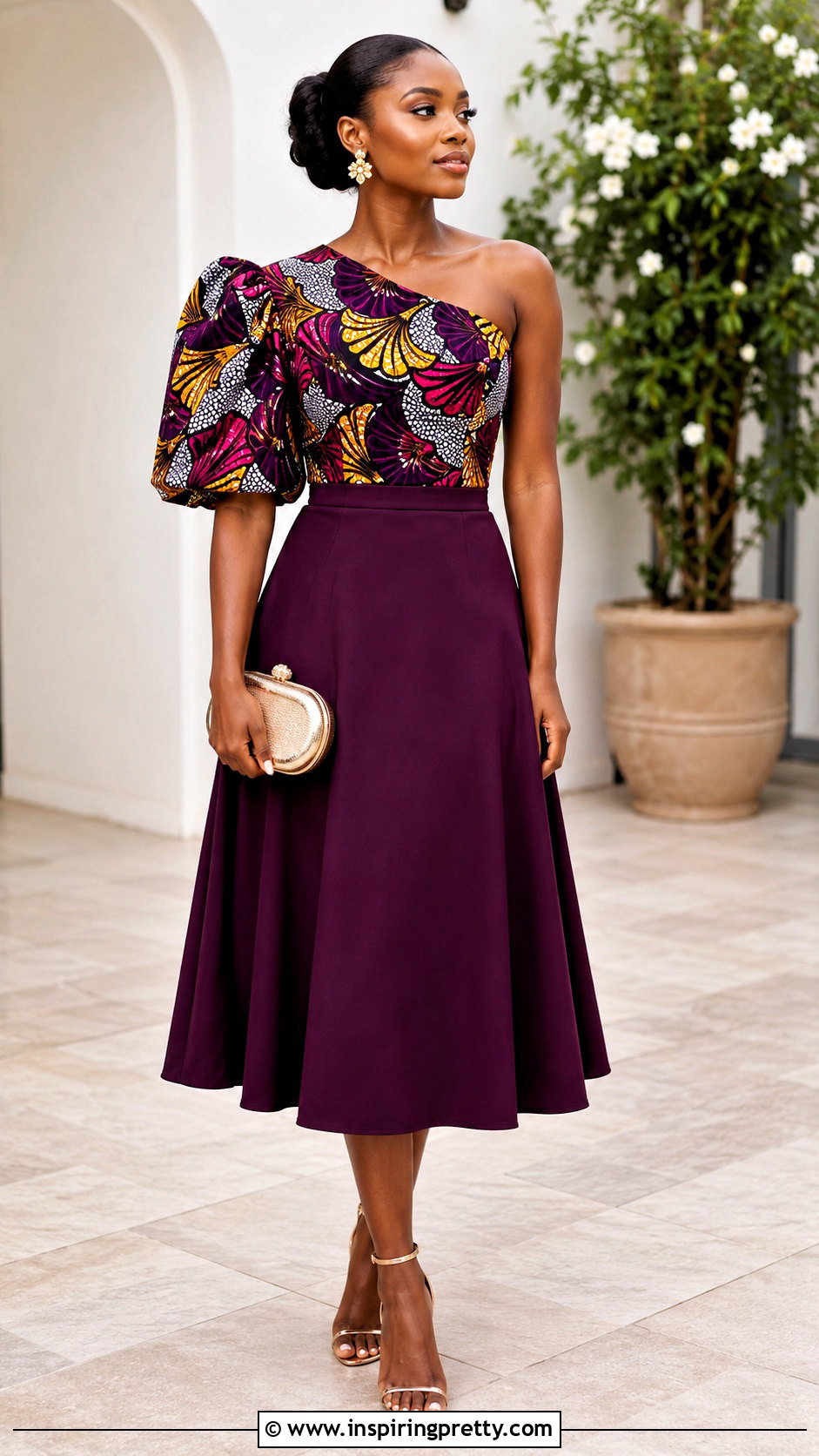 Ankara One Shoulder Top With Midi Skirt - 50 latest ankara top styles