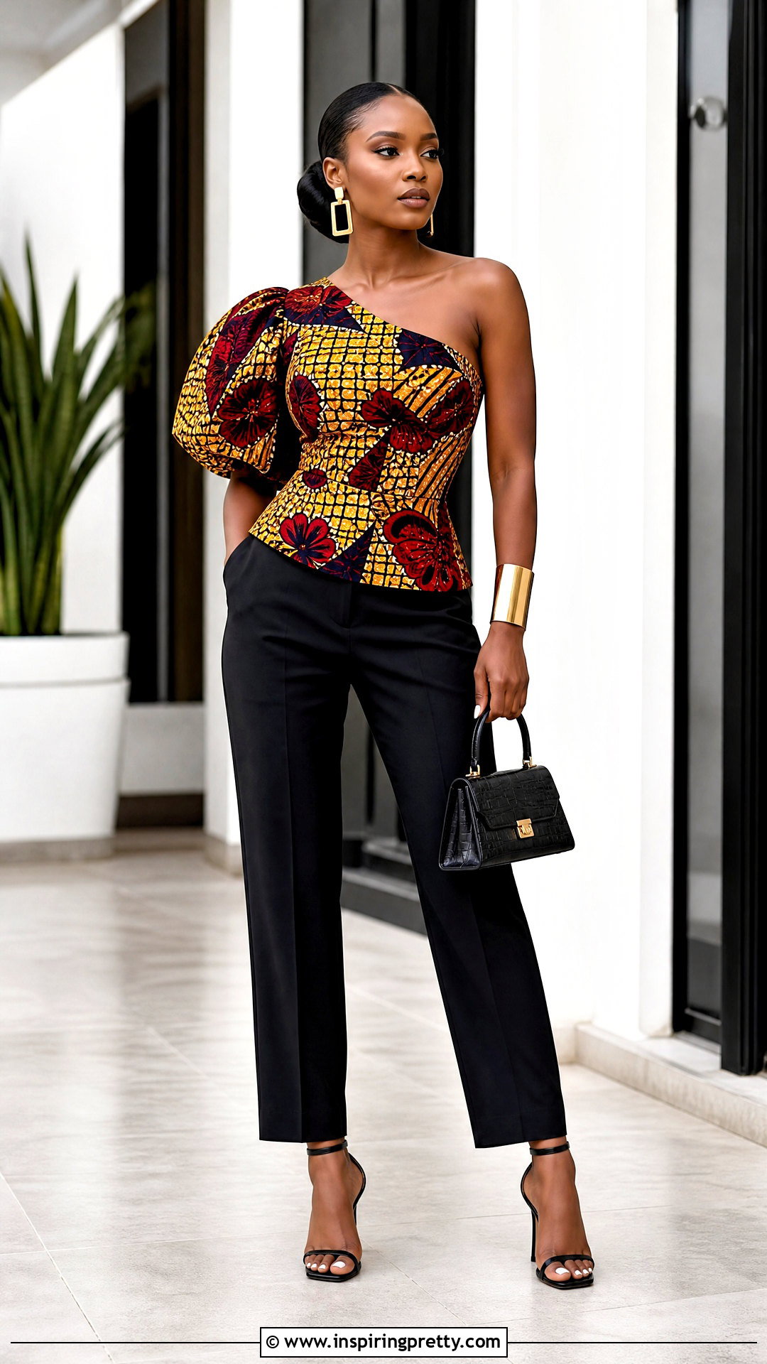 Ankara One Shoulder Top With Tailored Pants - 50 Simple Ankara Top Styles
