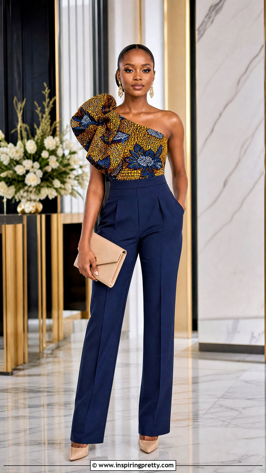 Ankara One Shoulder Top With Tailored Trousers - 50 trouser and top ankara styles