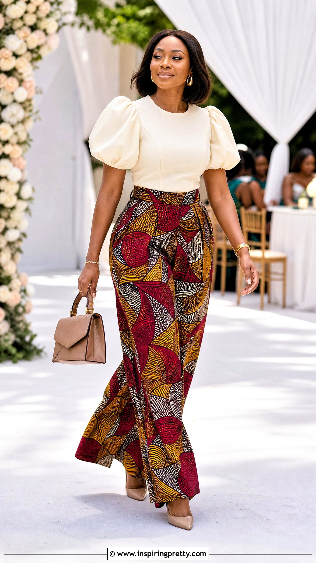 Ankara Palazzo Trousers With A Puff Sleeve Blouse - 50 ankara palazzo trouser and top outfit ideas