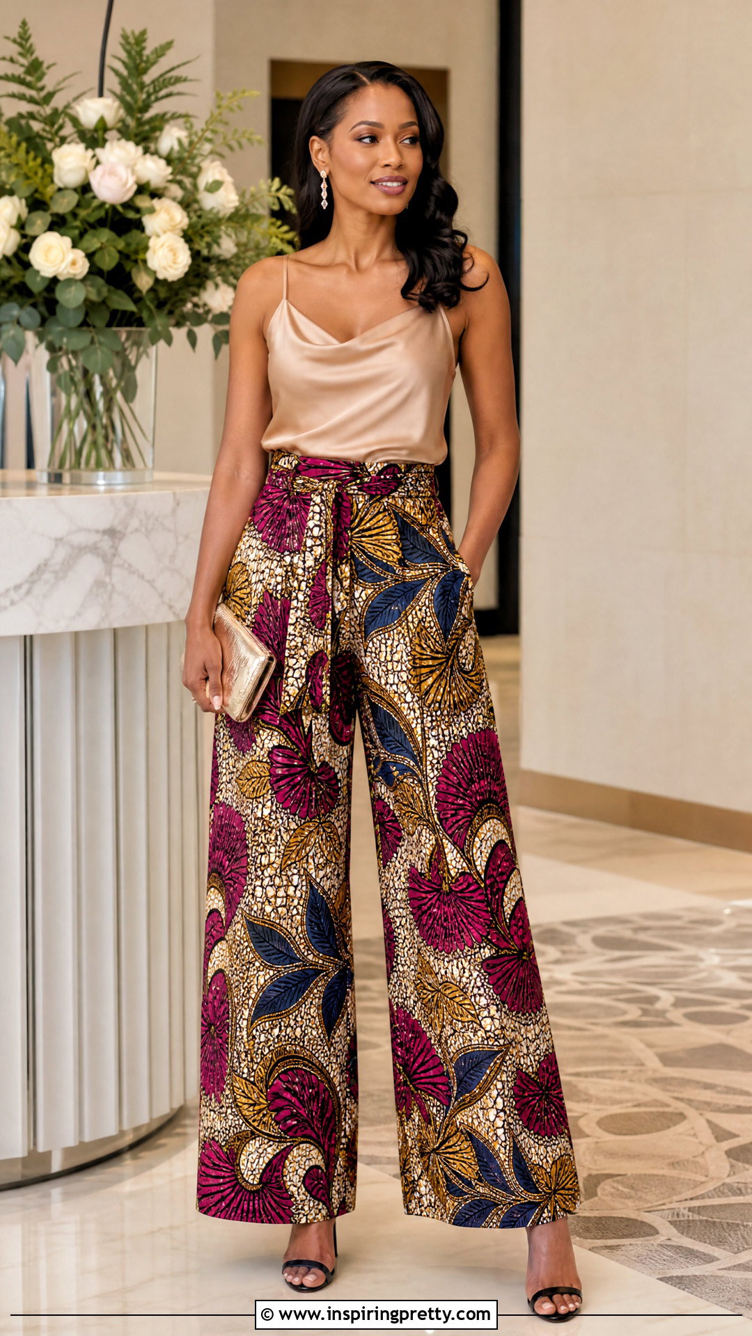 Ankara Palazzo Trousers With A Satin Camisole - 50 ankara palazzo trouser and top outfit ideas