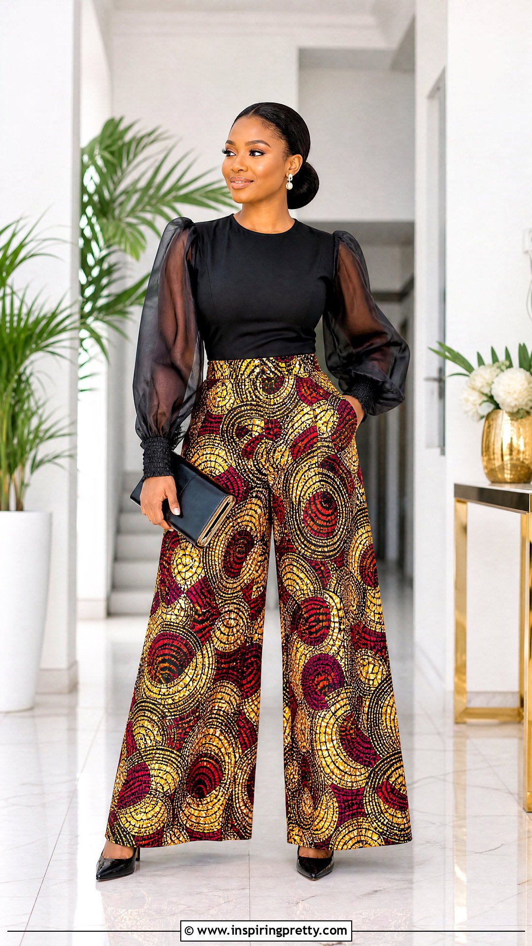 Ankara Palazzo Trousers With A Sheer Sleeve Top - 50 ankara palazzo trouser and top outfit ideas