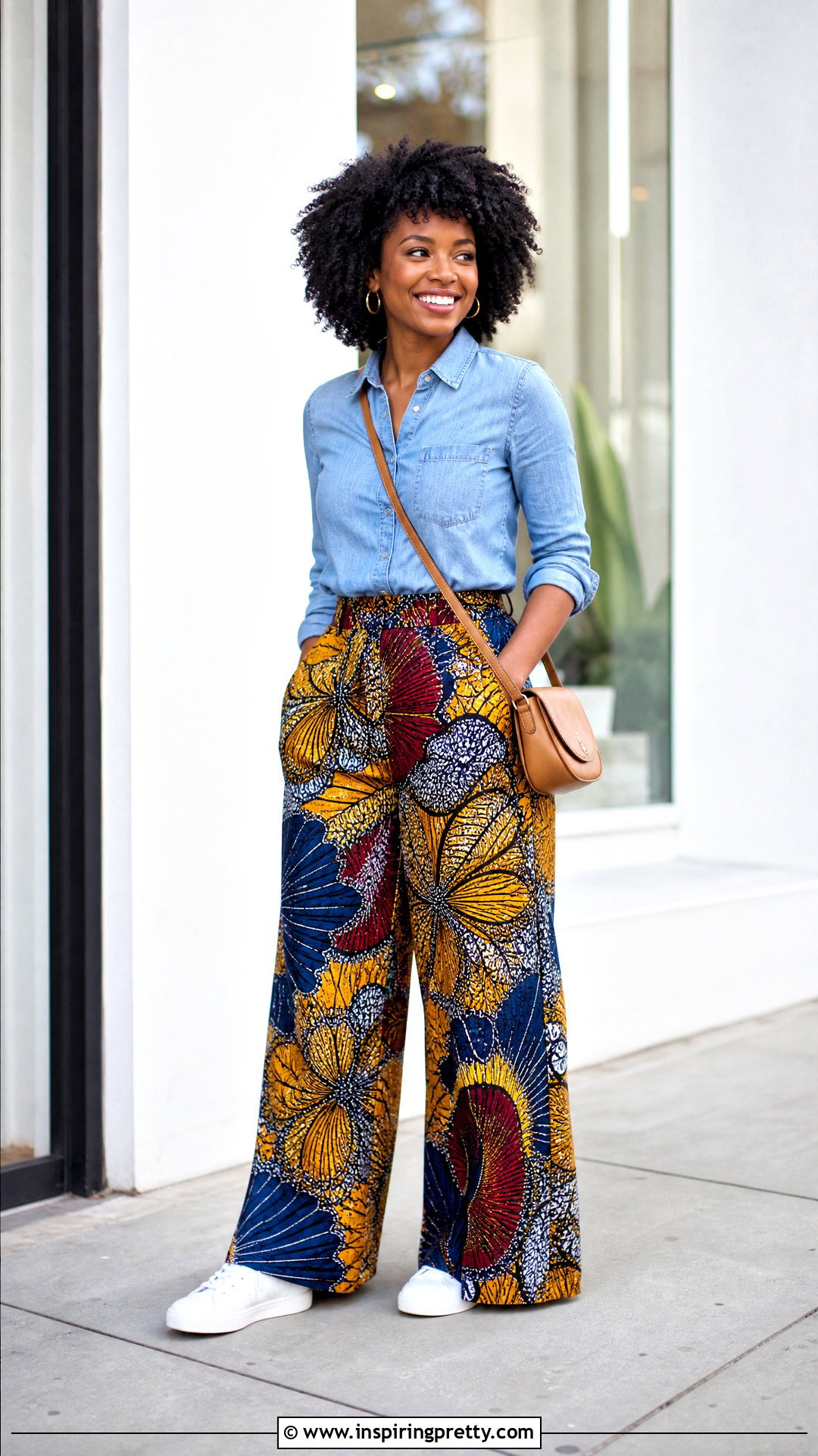 Ankara Palazzo Trousers With Denim Shirt - 20 ankara palazo trouser and top outfit ideas