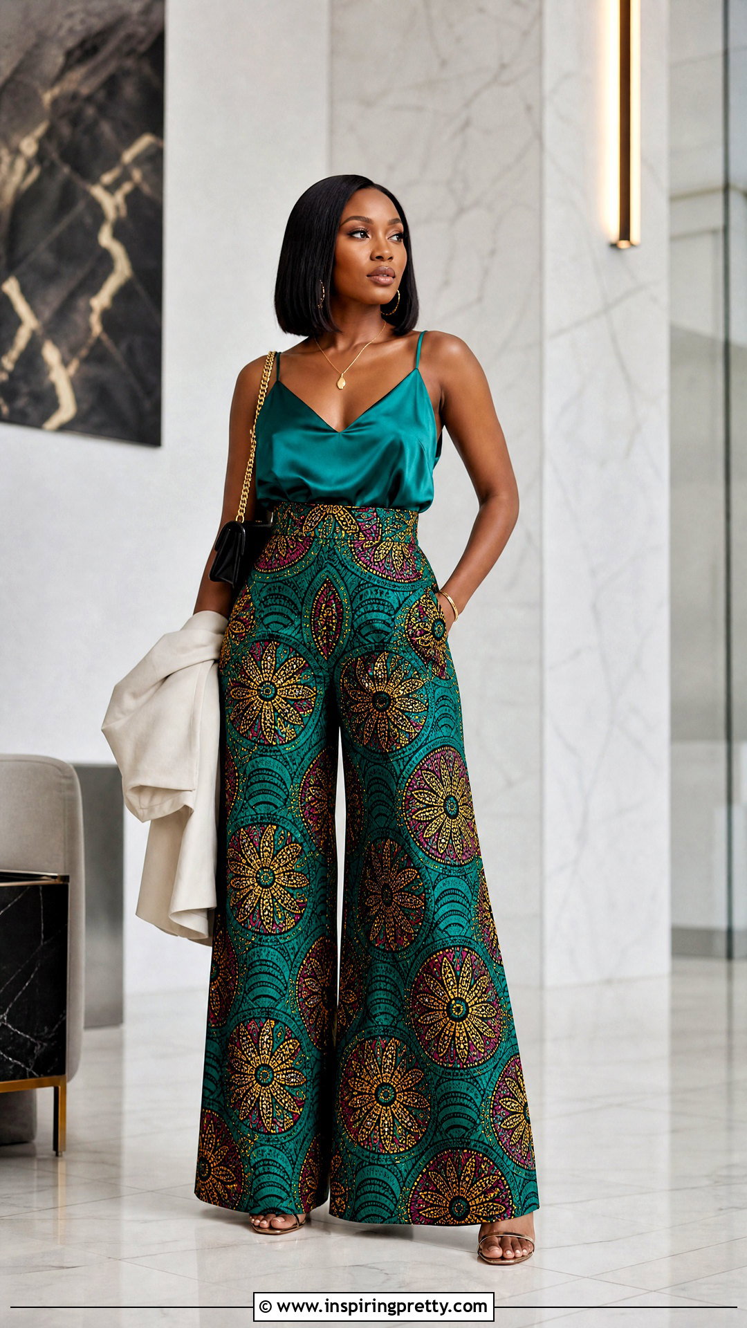 Ankara Palazzo Trousers With Satin Camisole - 20 ankara palazo trouser and top outfit ideas