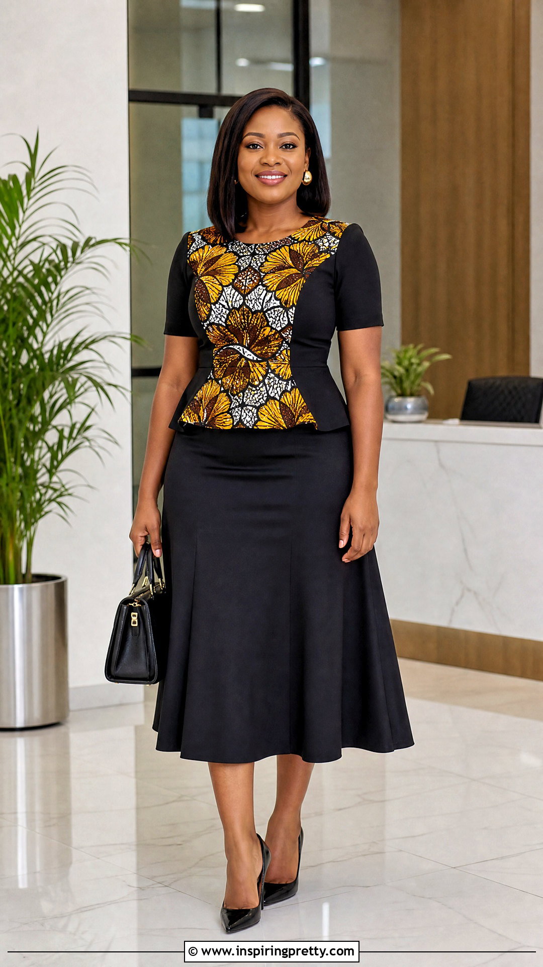 Ankara Panel Top With Black Midi Skirt - 50 ankara tops outfit ideas