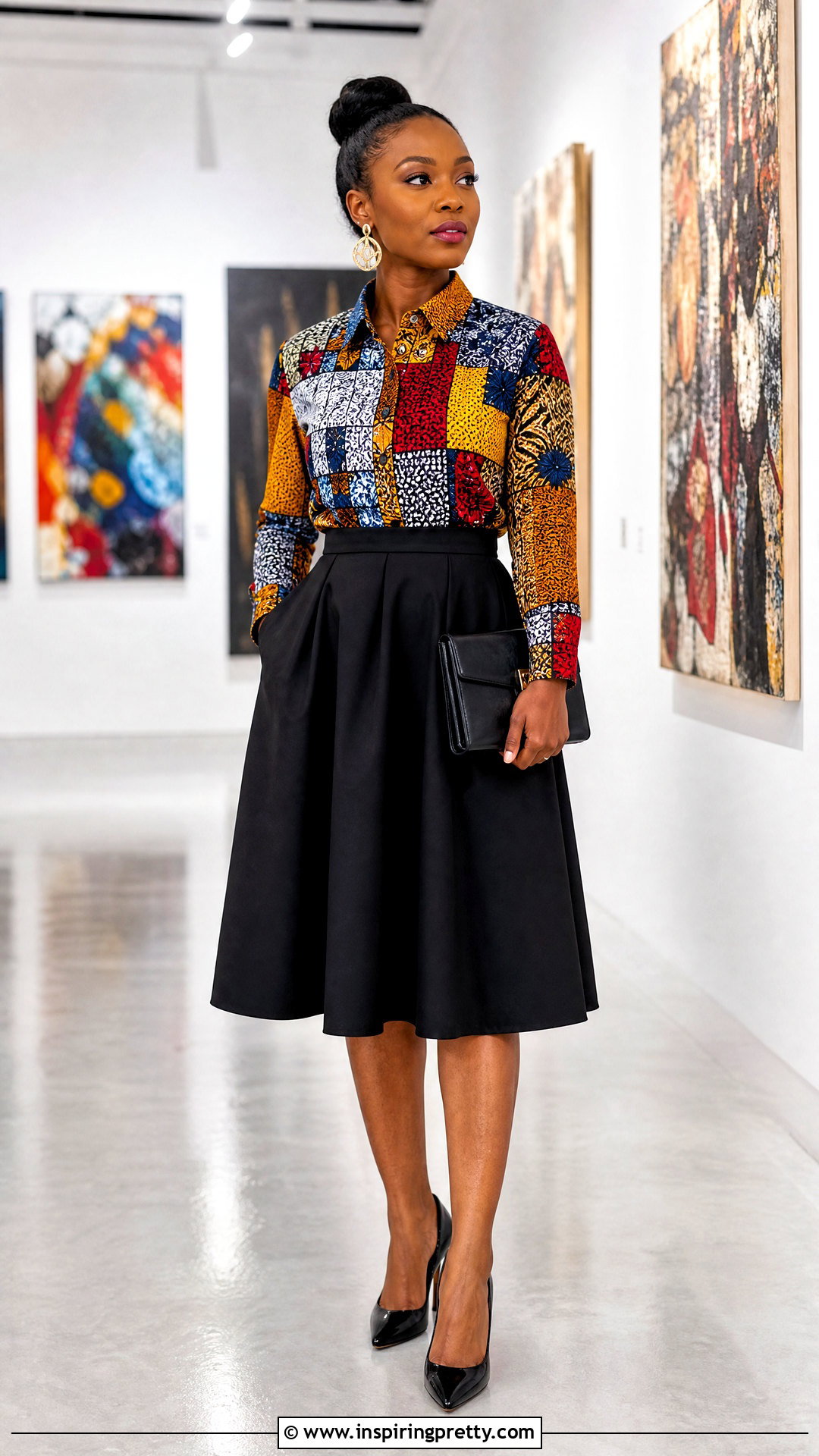 Ankara Patchwork Top With Black Midi Skirt - 50 Simple Ankara Top Styles