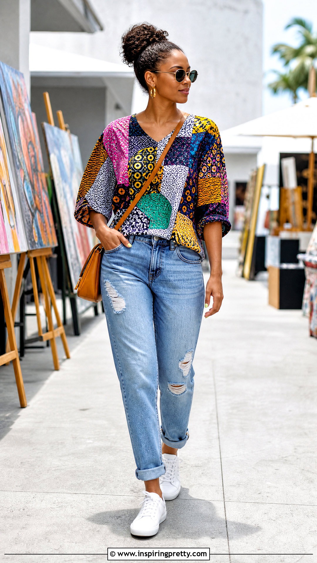 Ankara Patchwork Top With Boyfriend Jeans - 50 ankara tops outfit ideas