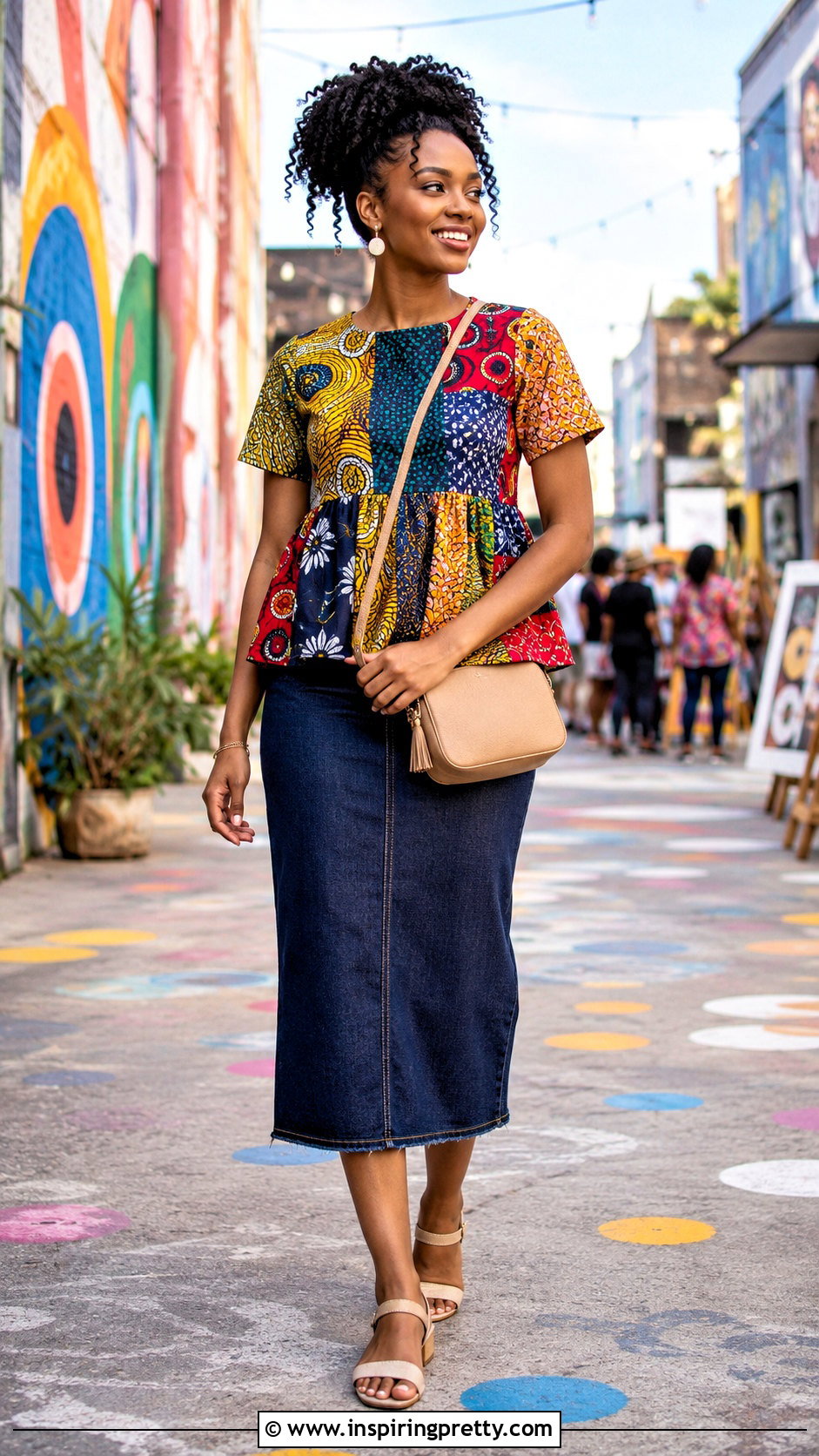 Ankara Patchwork Top With Denim Skirt - 50 latest ankara top styles