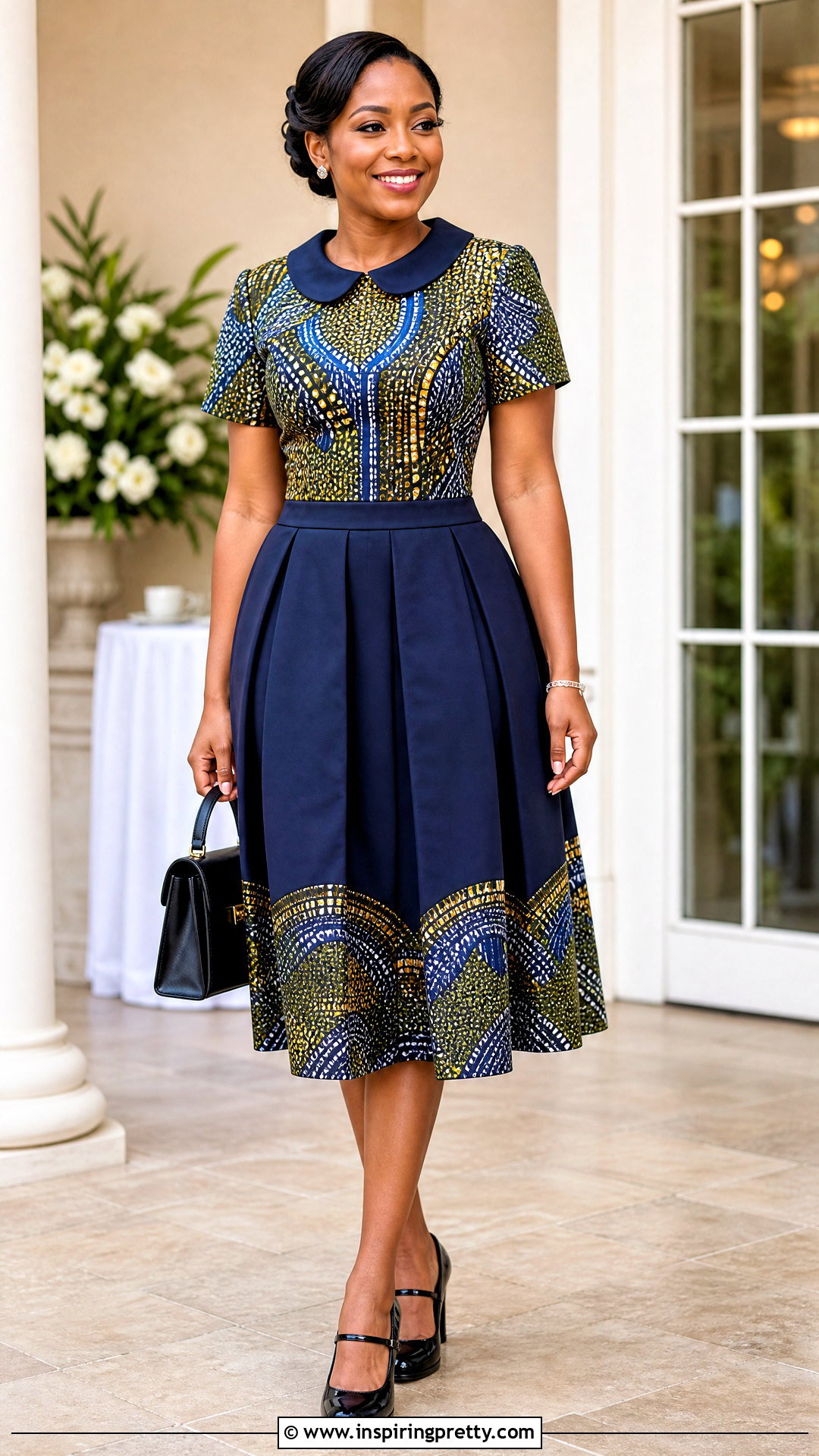 Ankara Peter Pan Collar Top And Pleated Midi Skirt Outfit - 50 ankara top and skirt outfits