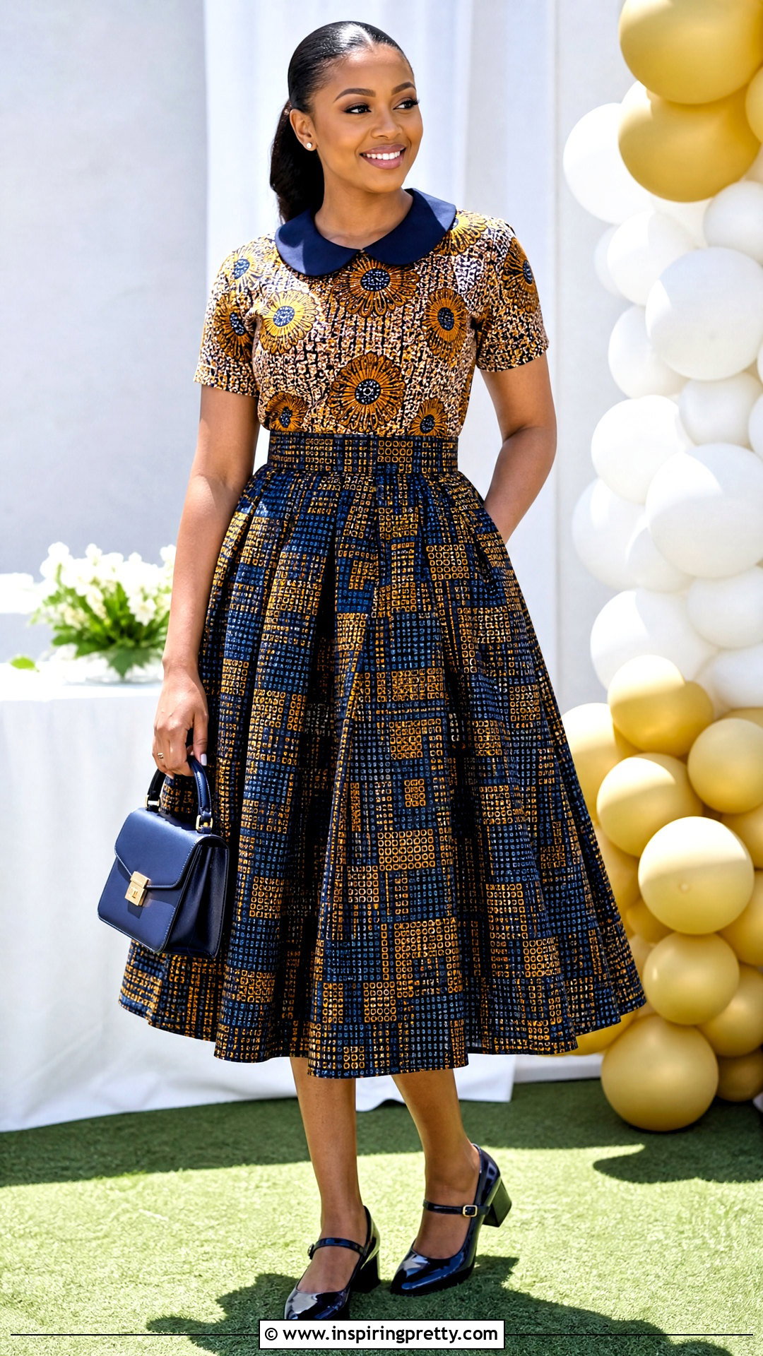Ankara Peter Pan Collar Top And Pleated Skirt - 50 Skirt And Top Ankara Styles