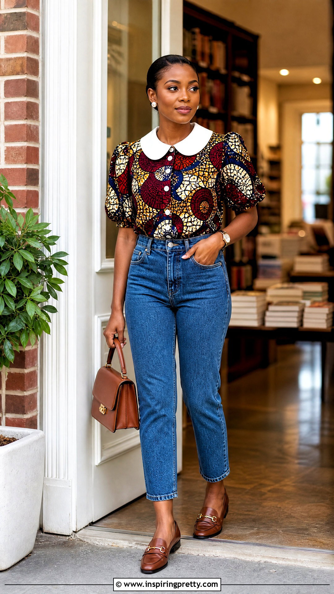 Ankara Peter Pan Collar Top With Jeans - 50 Simple Ankara Top Styles