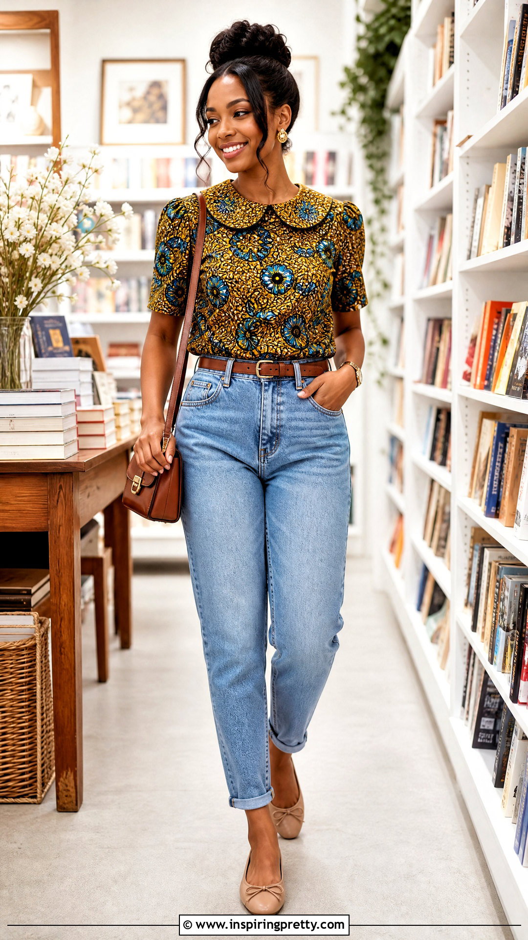 Ankara Peter Pan Collar Top With Mom Jeans - 50 ankara top styles for jeans