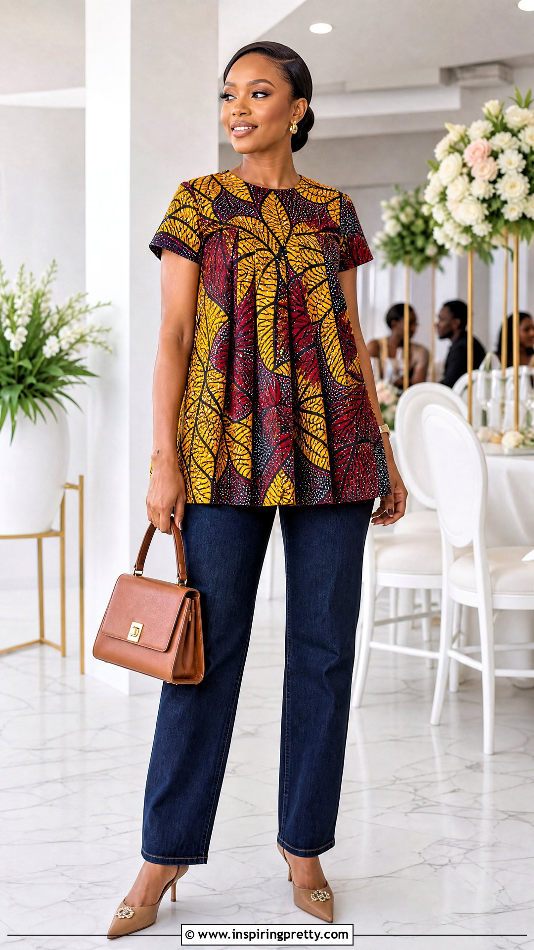 Ankara Pleated Top With Dark Straight Jeans - 50 ankara top styles for jeans