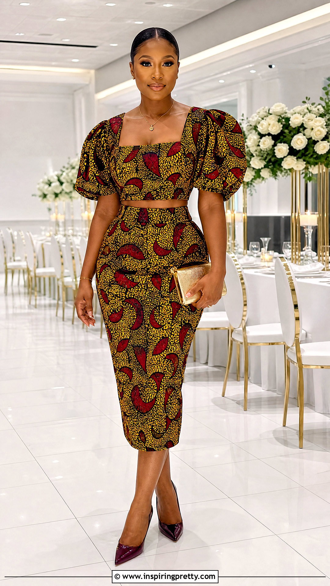 Ankara Puff Sleeve Crop Top And High Waist Pencil Skirt - 50 ankara crop top and skirt high waist outfits