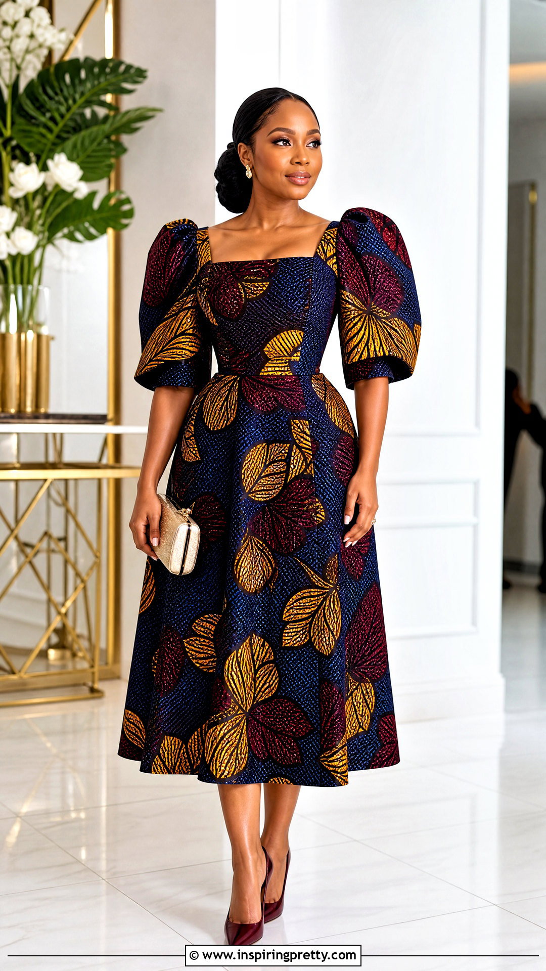Ankara Puff Sleeve Top And Midi Skirt - 50 Skirt And Top Ankara Styles