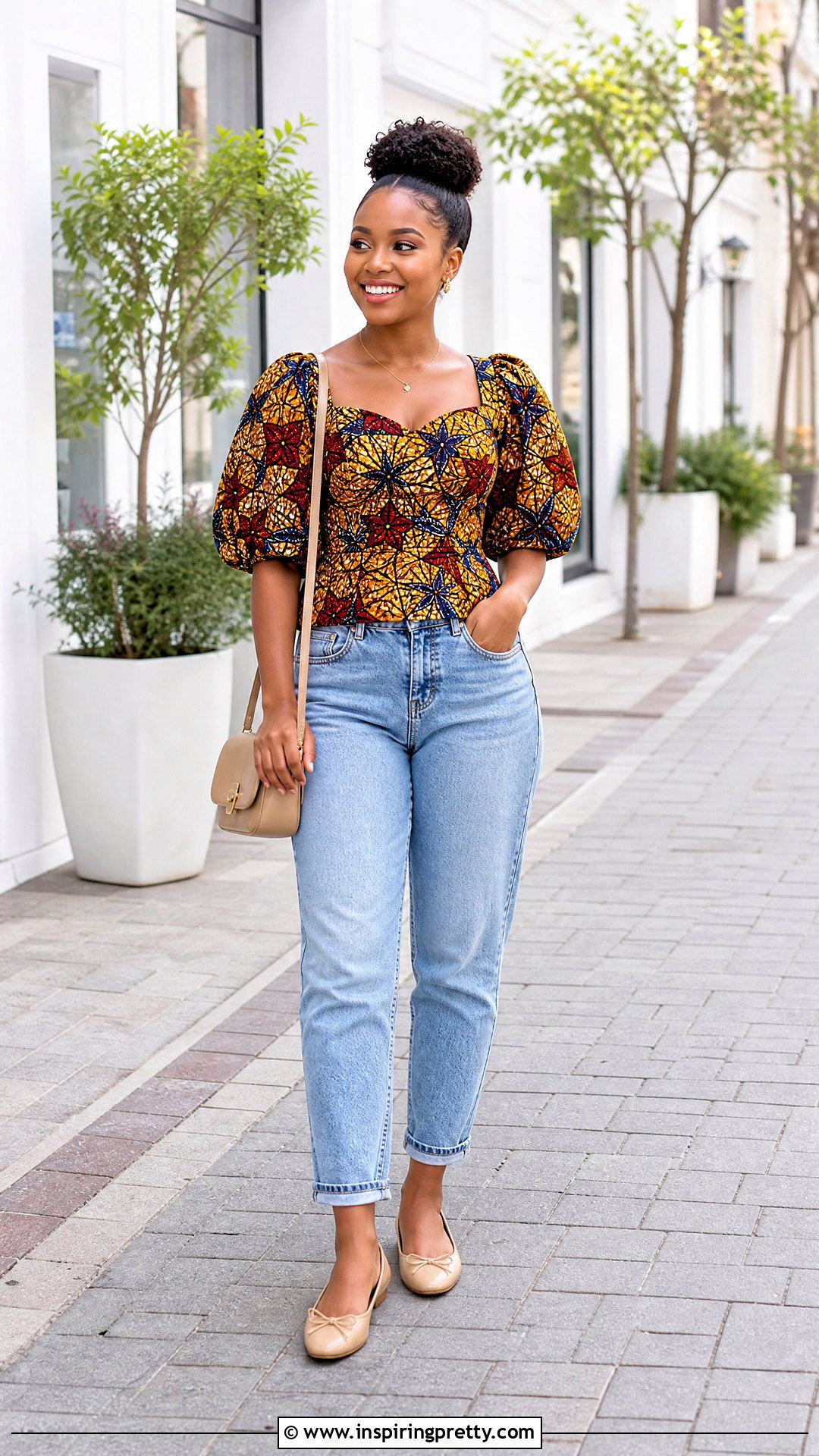 Ankara Puff Sleeve Top With Mom Jeans - 50 ankara top styles for jeans