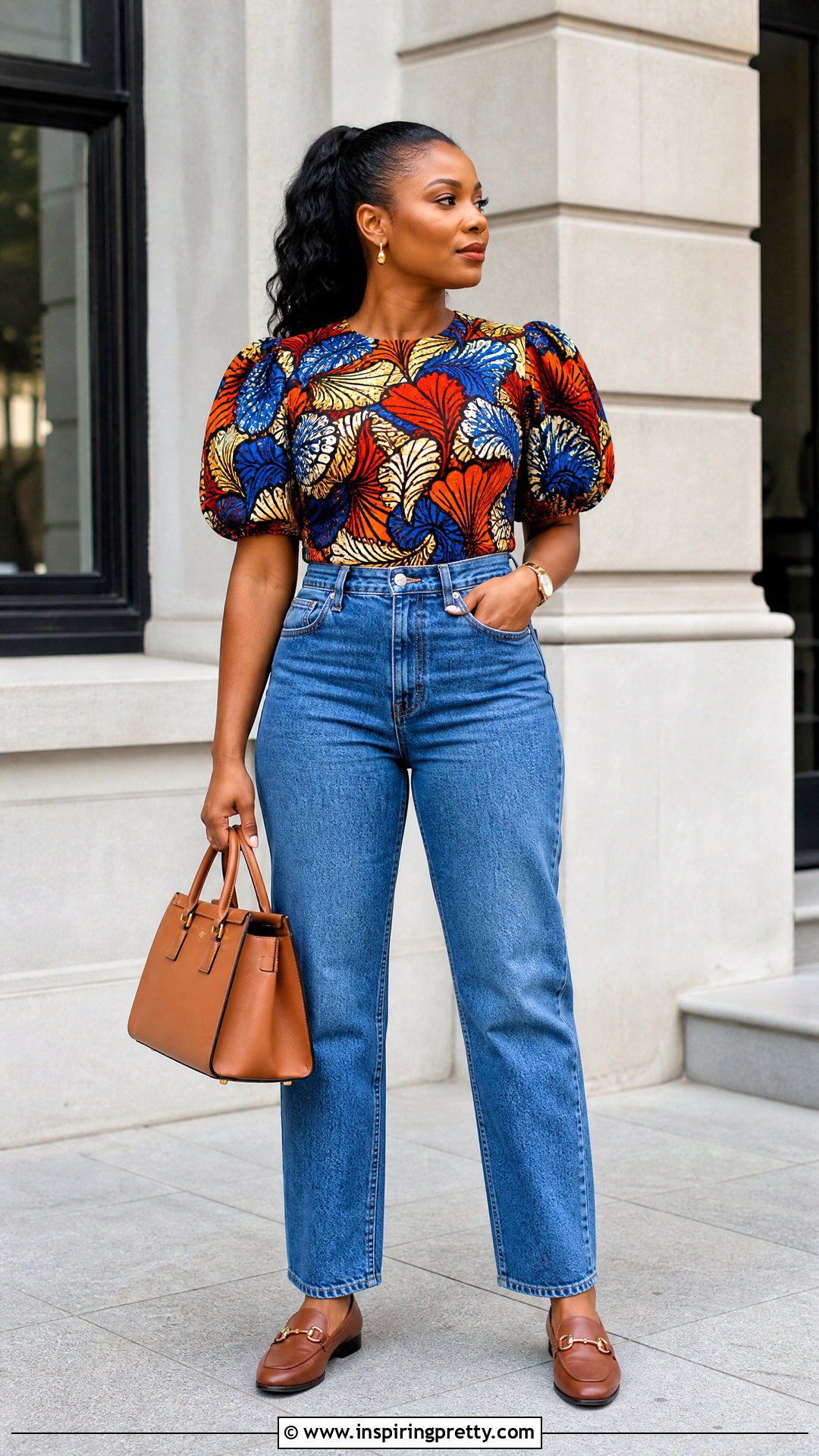Ankara Puff Sleeve Top With Straight Leg Jeans - 50 ankara tops outfit ideas