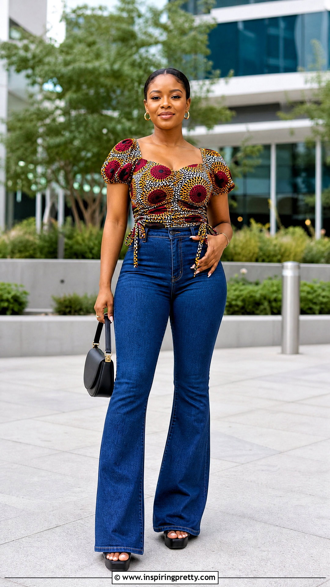 Ankara Ruched Top With Flared Jeans - 50 ankara top styles for jeans