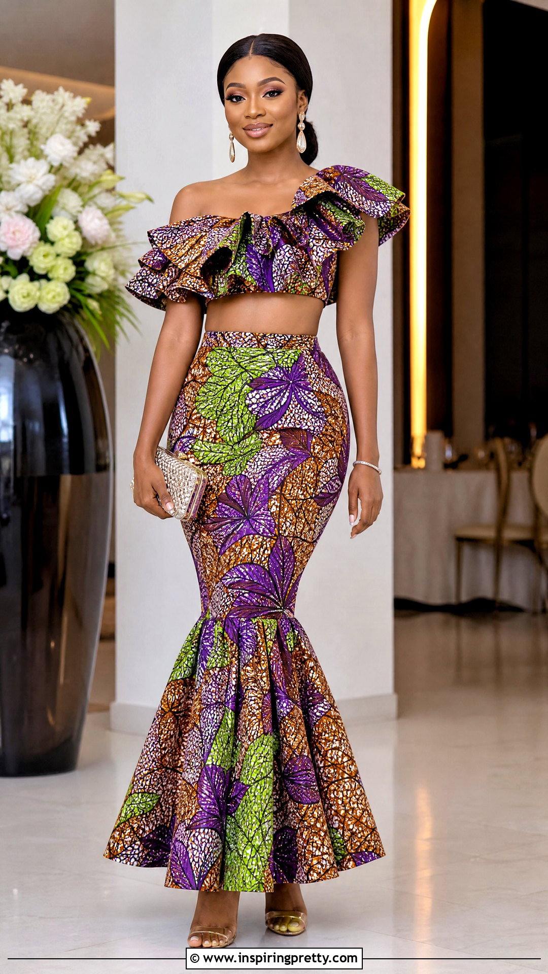 Ankara Ruffle Crop Top And High Waist Mermaid Skirt - 50 ankara crop top and skirt high waist outfits