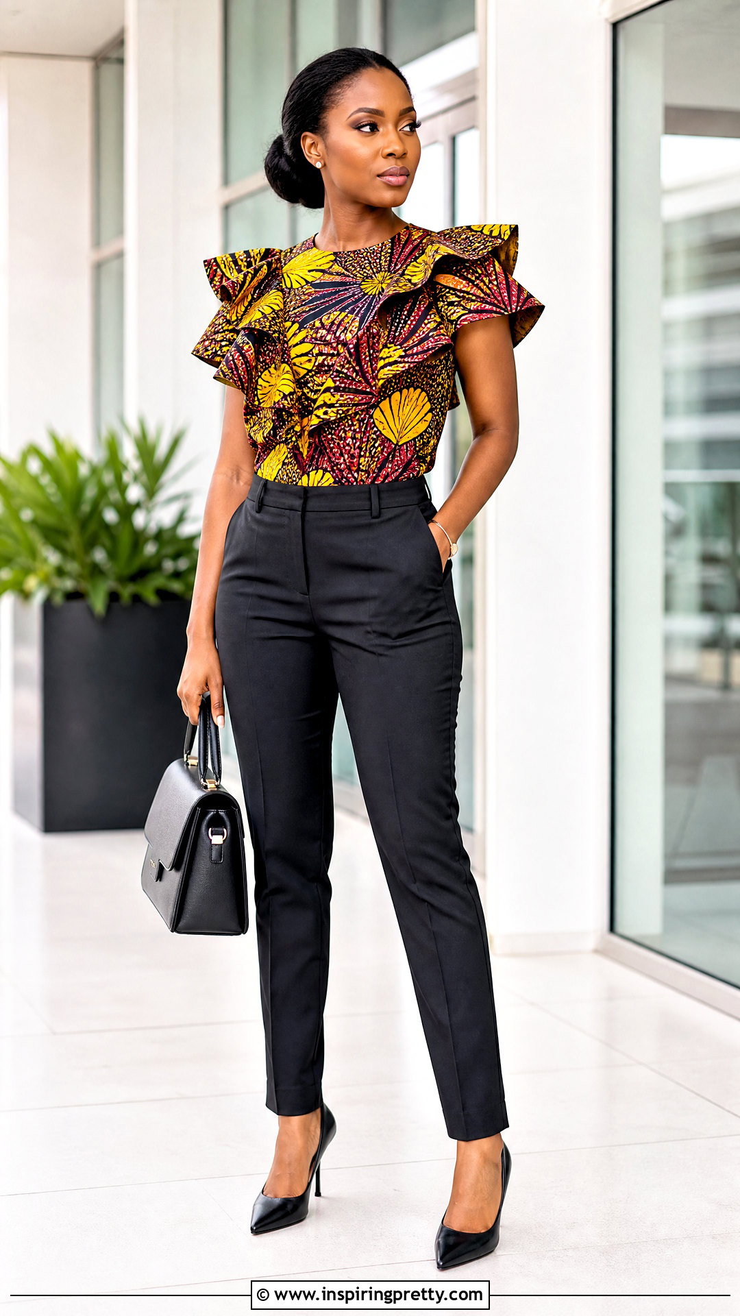 Ankara Ruffle Top With Cigarette Pants - 50 ankara tops outfit ideas