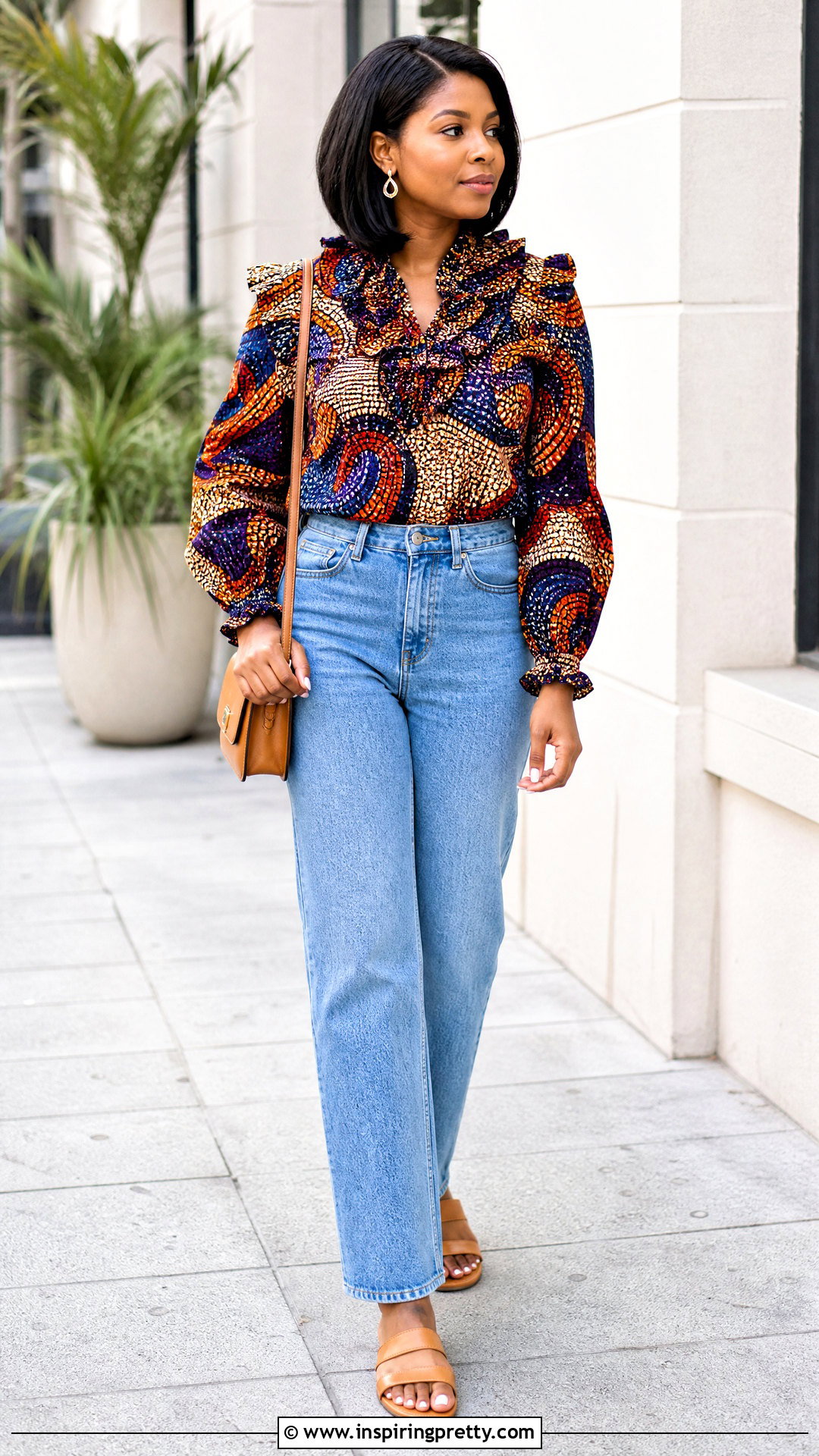 Ankara Ruffle Top With Straight Leg Jeans - 50 Simple Ankara Top Styles
