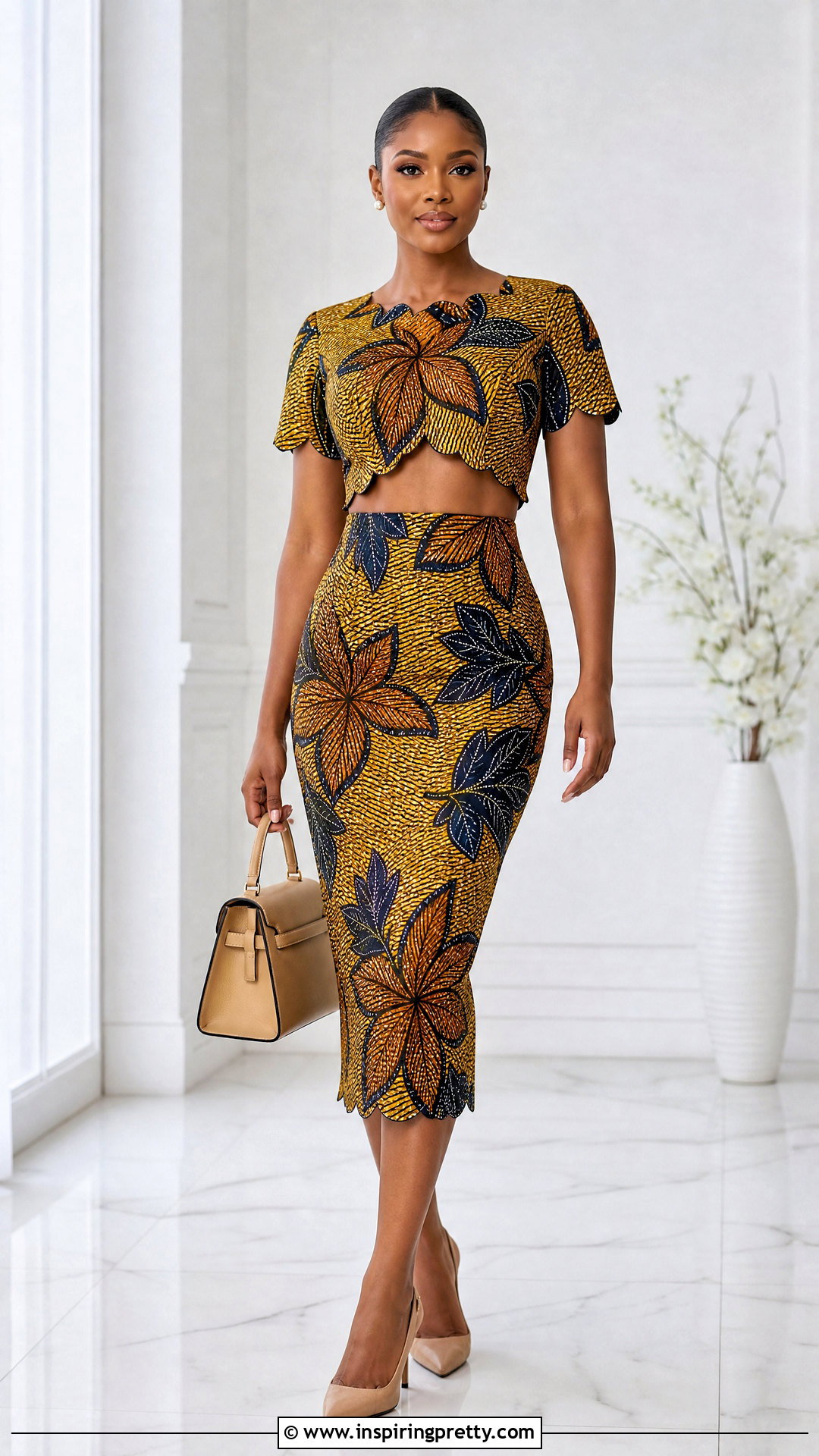 Ankara Scalloped Crop Top And High Waist Pencil Skirt - 50 ankara crop top and skirt high waist outfits