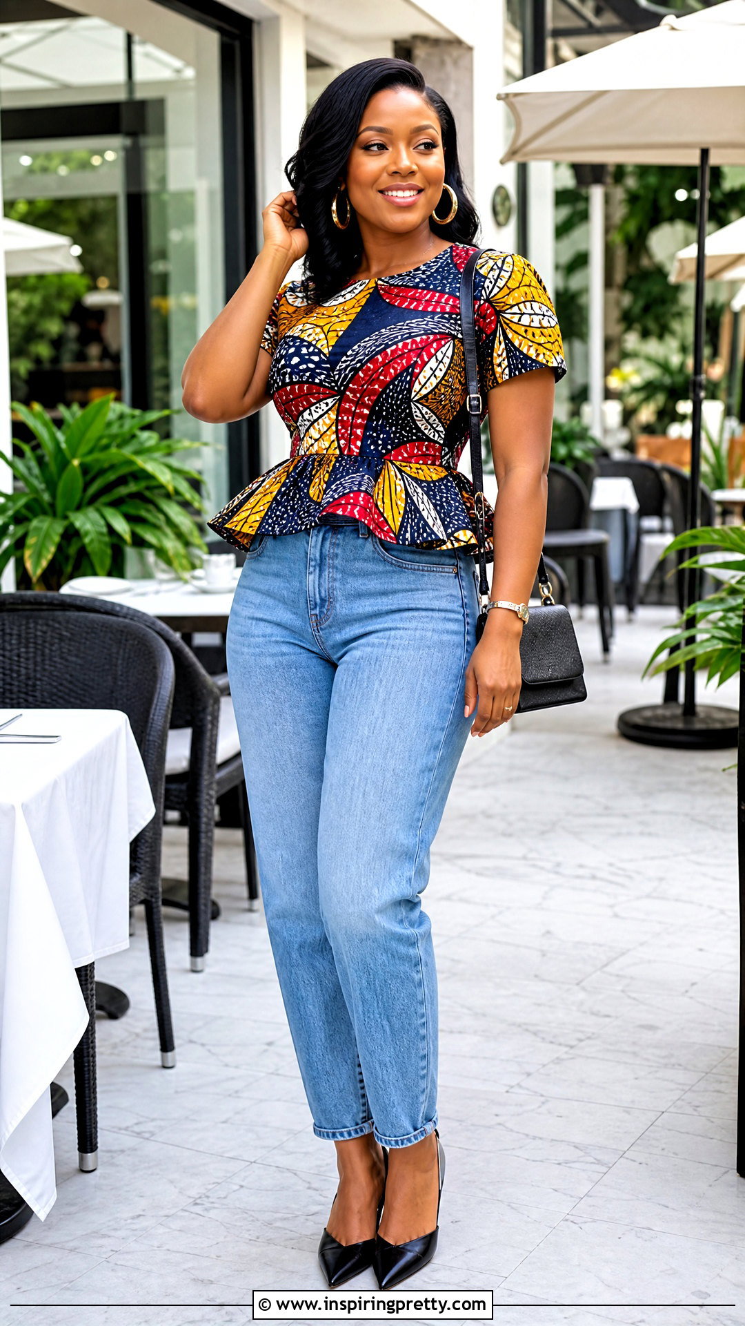 Ankara Short Sleeve Peplum Top With Mom Jeans - 50 ankara top styles for jeans