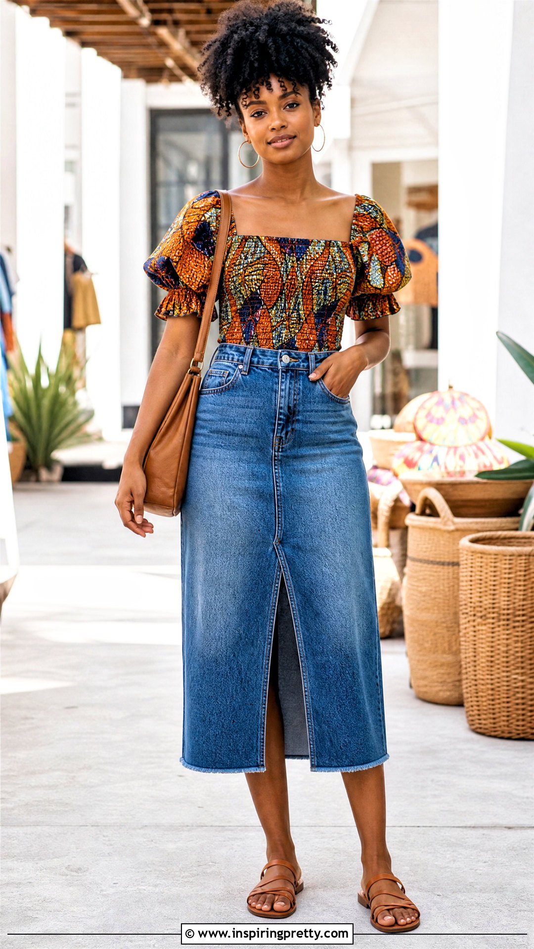 Ankara Smocked Top With Denim Skirt - 50 Simple Ankara Top Styles