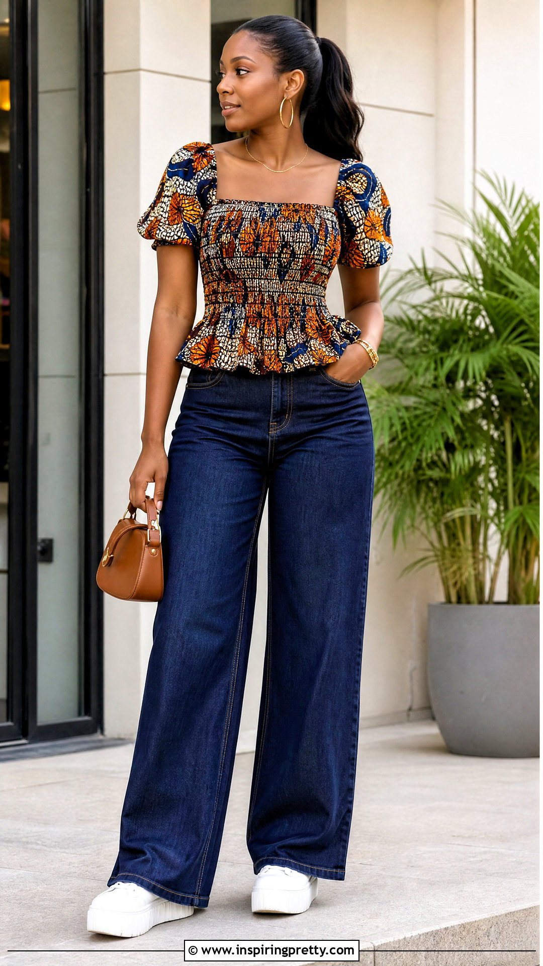 Ankara Smocked Top With Wide Leg Jeans - 50 ankara tops outfit ideas