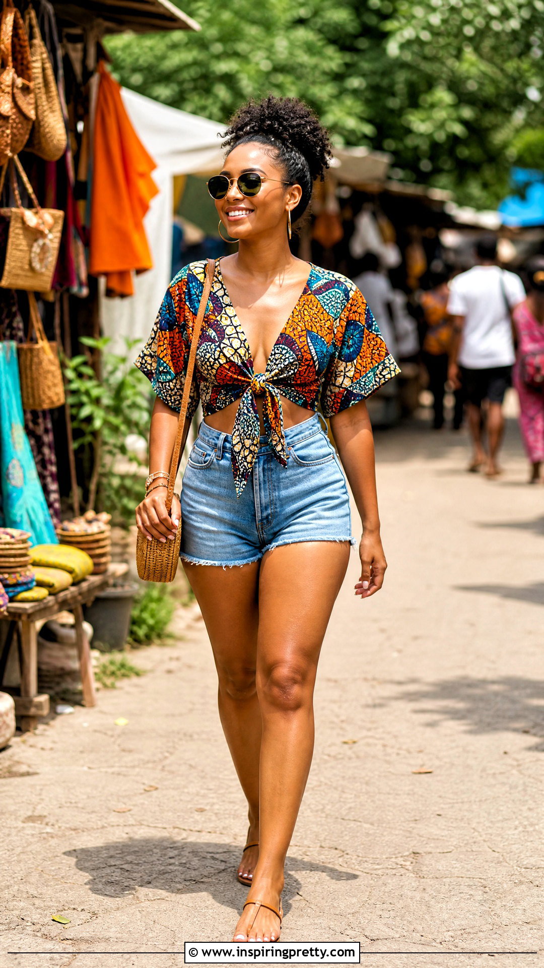 Ankara Tie Front Top With Denim Shorts - 50 ankara tops outfit ideas
