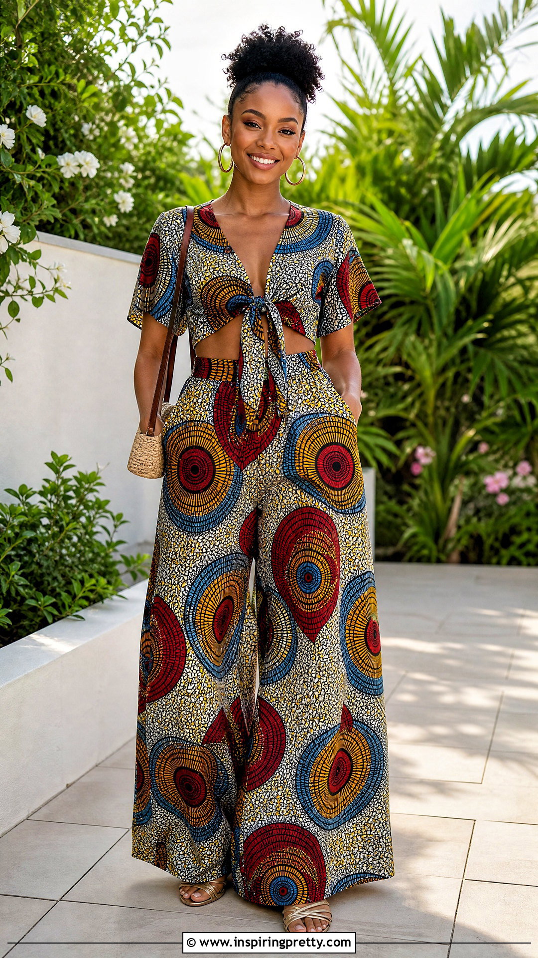 Ankara Tie Front Top With Palazzo Trousers - 50 trouser and top ankara styles
