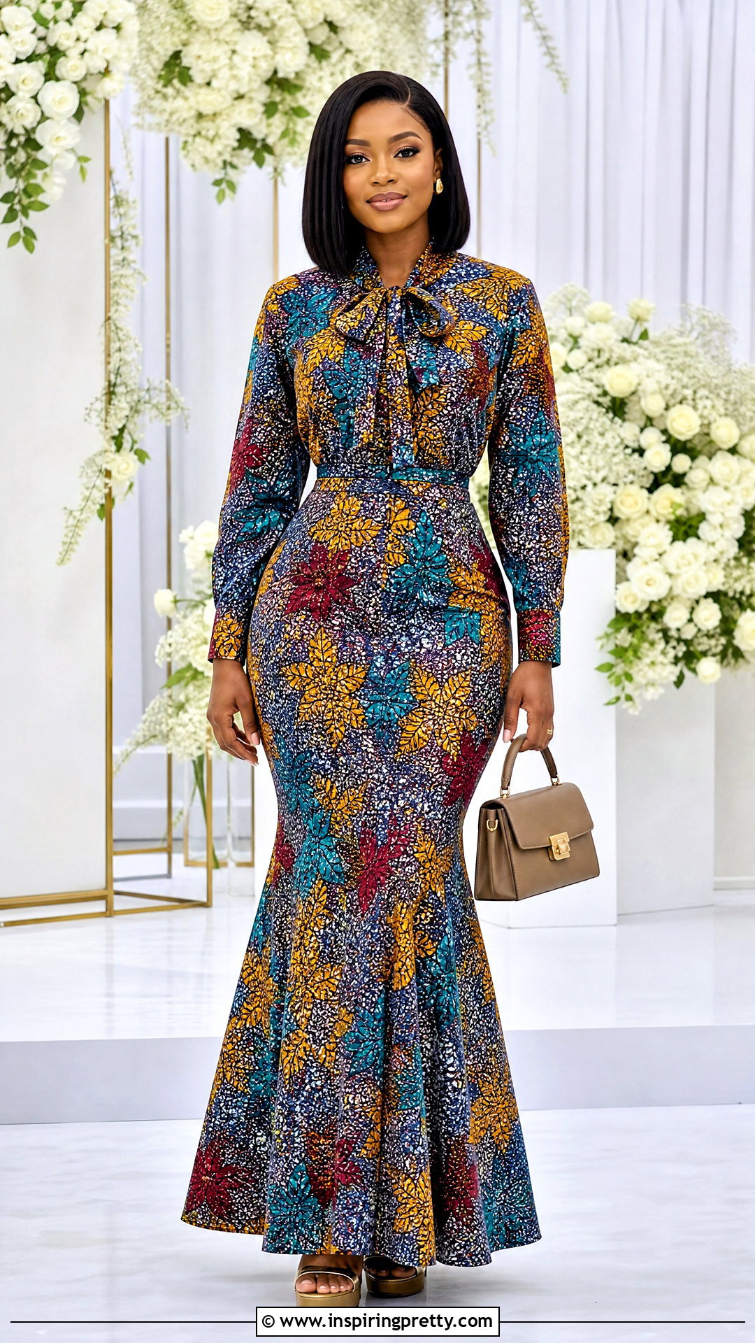 Ankara Tie Neck Top And Flared Maxi Skirt - 50 Skirt And Top Ankara Styles