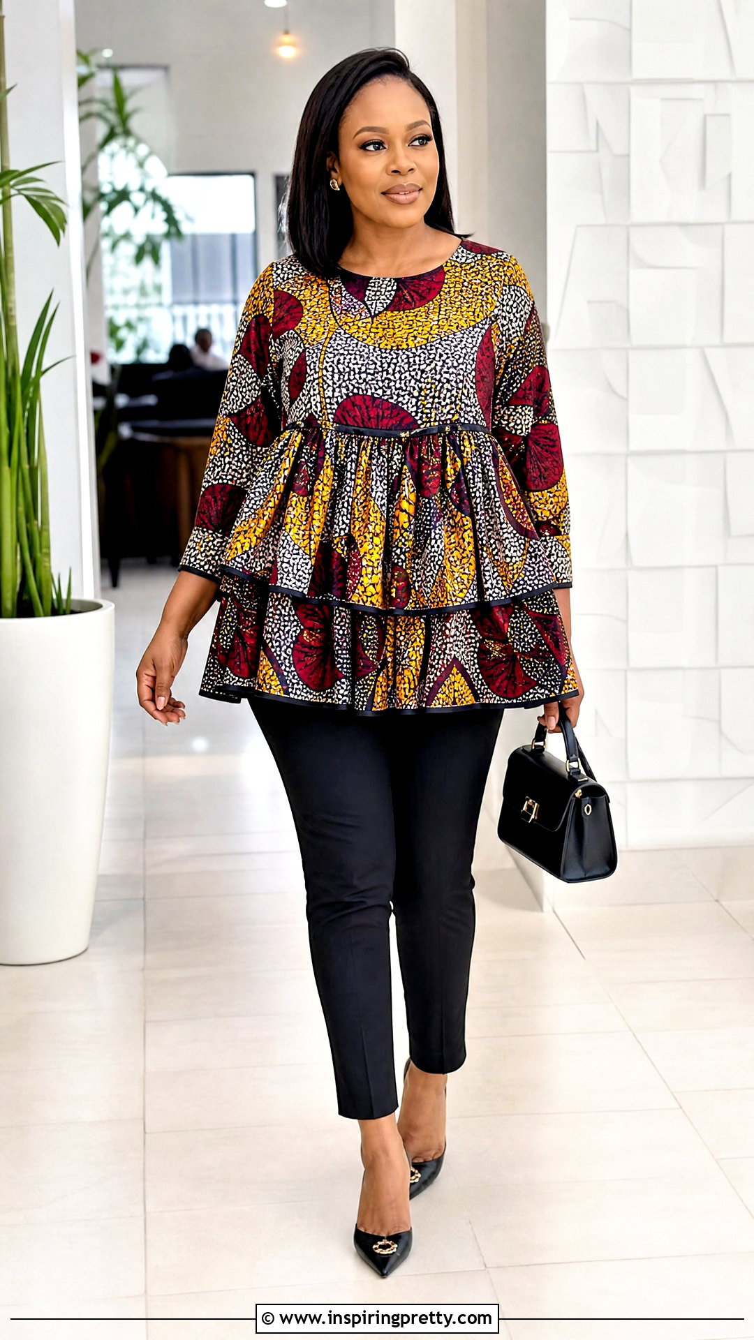 Ankara Tiered Top With Fitted Pants - 50 Simple Ankara Top Styles