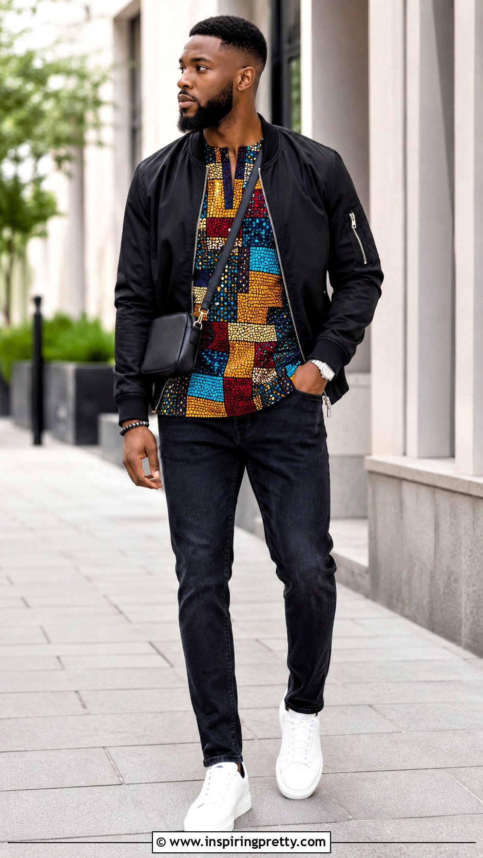 Ankara Top With Bomber Jacket And Jeans - 20 men ankara top outfit ideas