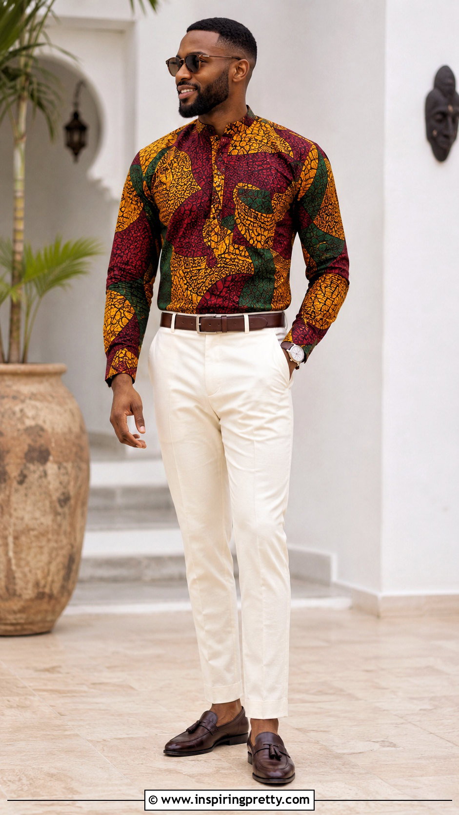 Ankara Top With Cream Trousers - 20 men ankara top outfit ideas