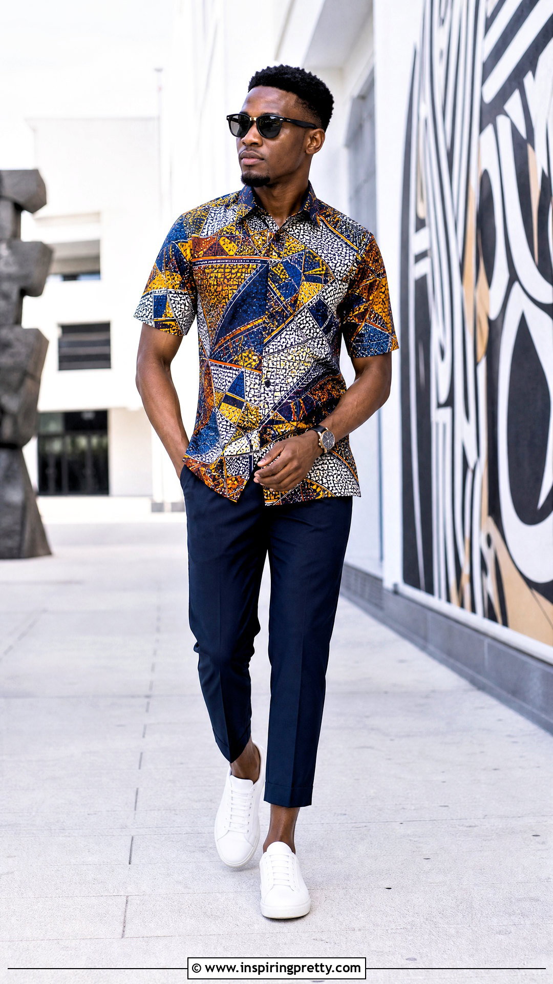 Ankara Top With Cropped Trousers And Sneakers - 50 ankara top for men outfit ideas